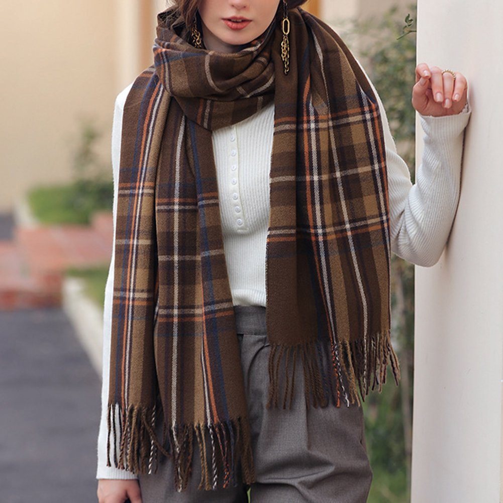 ManKle Modeschal Damen Schal Wolle mit Karo und Winter dicke Deckenschal 65 x 180 cm khaki