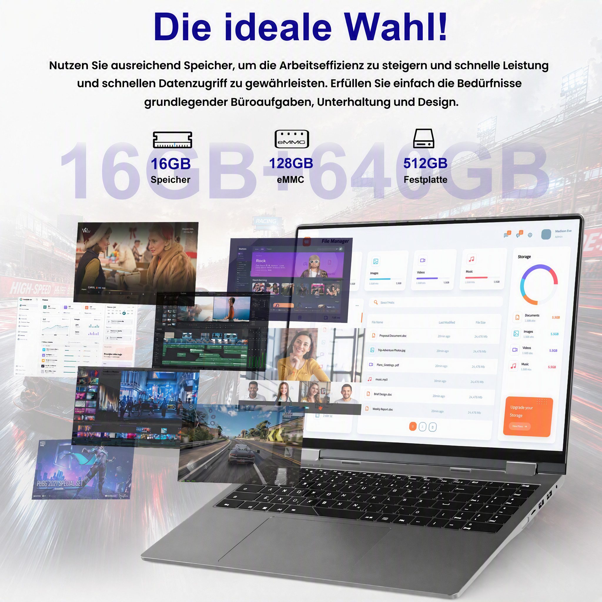 MENGHU Convertible Laptop 16 Zoll 16GB LPDDR5 640GB SSD Fingerabdrucksensor Notebook (Intel N95, Intel UHD Graphics, 16 GB, 640 GB SSD, 4-core CPU) grau