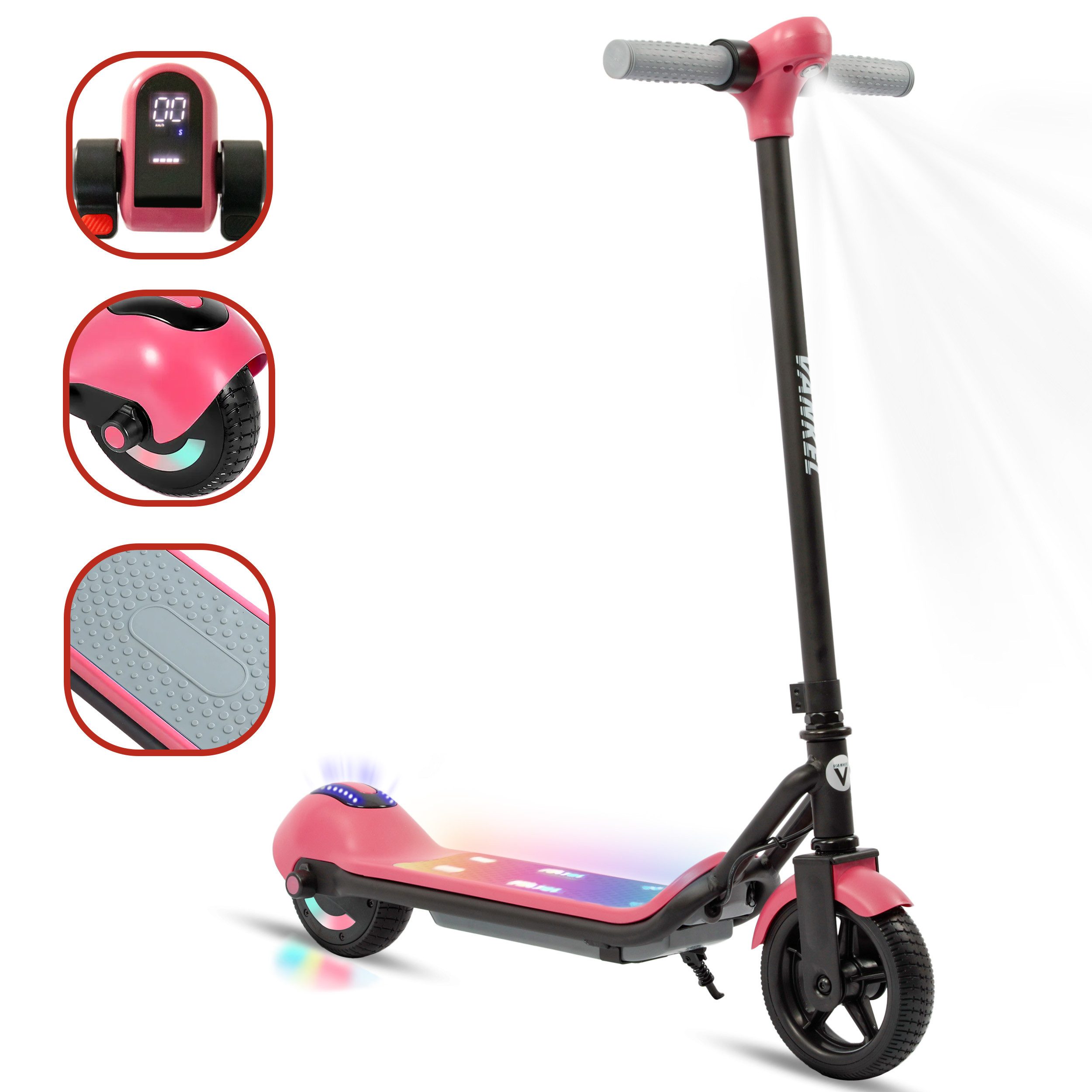 Vankel Elektro-Kinderroller 14 km/h, Licht & Bluetooth, 8-10km, ab 6 Jahren, E-Bremse, 6,5-Zoll E-Scooter für Kinder, 110W Motor, nur ca. 8 kg