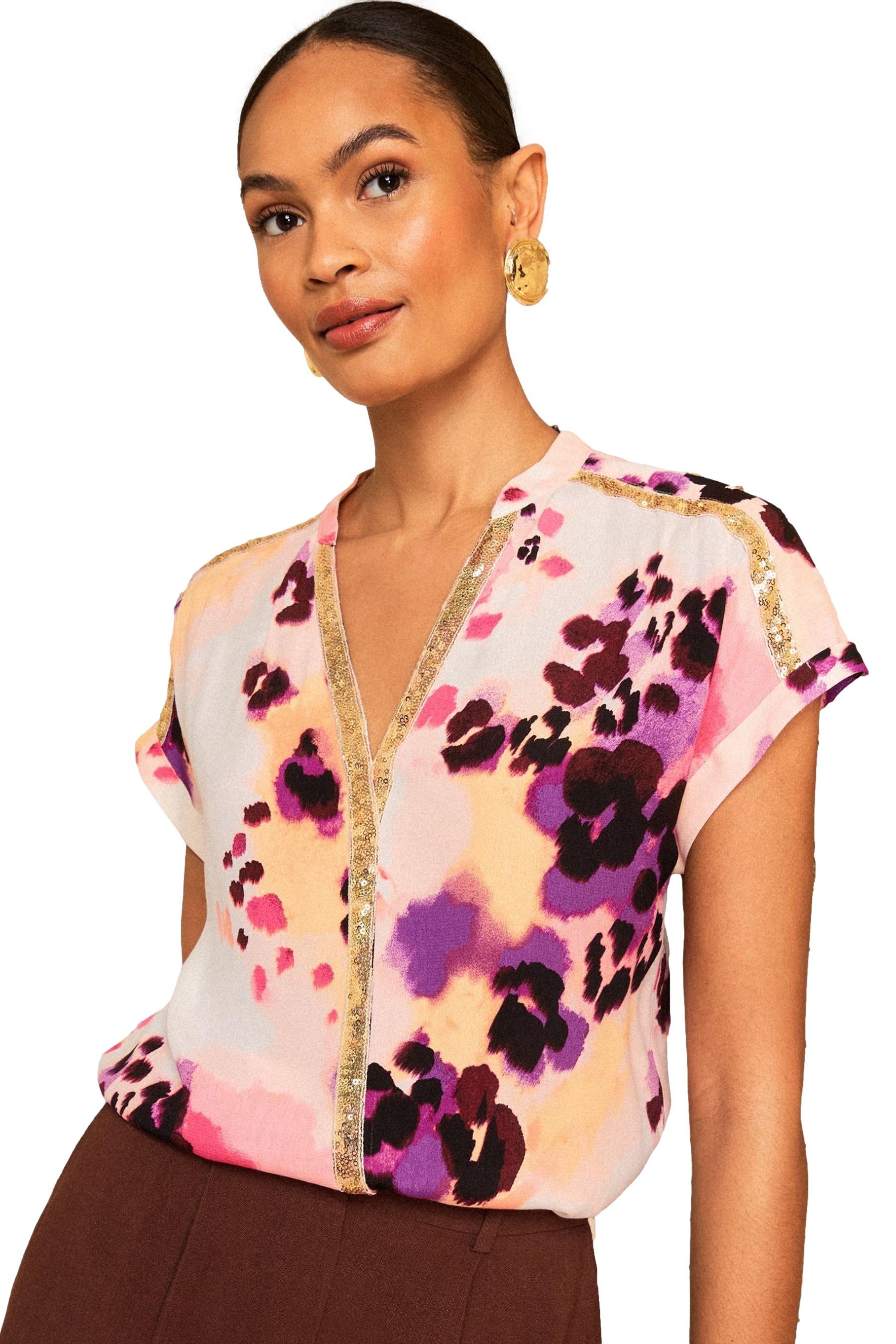 Love & Roses Paillettenshirt Love & Roses Bluse mit Print + Pailletten, Regular (1-tlg)