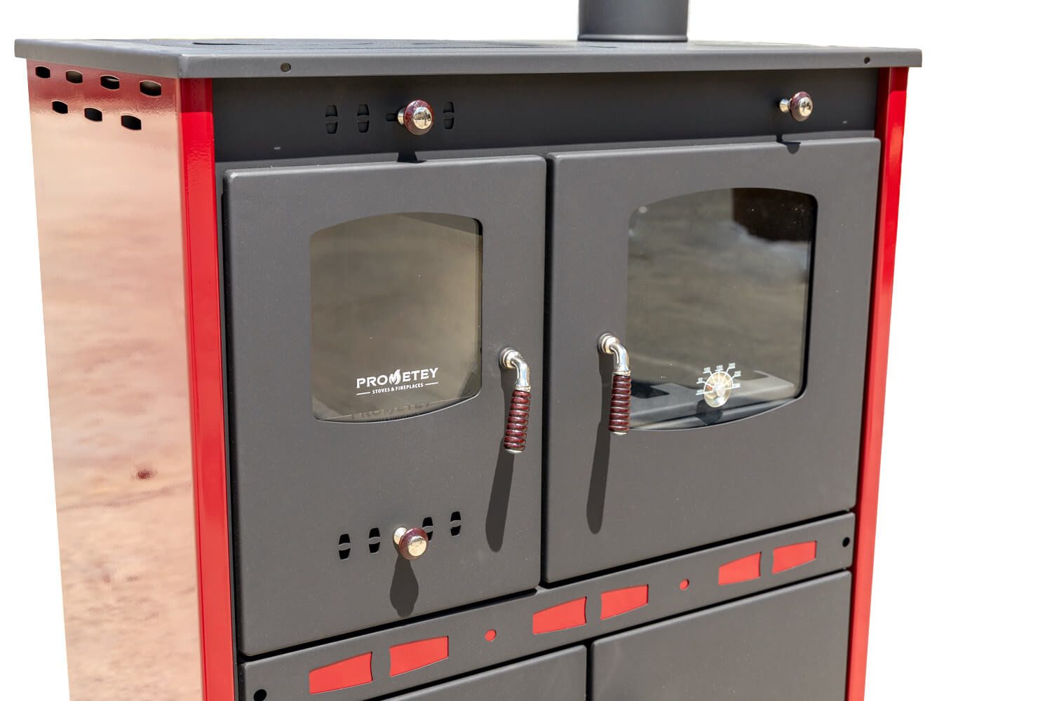 Prometey Kaminofen mit Backfach und Herdplatte Perfect Eco Lux Rot Rechts Holzofen Kamin, Dauerbrand und Zeitbrand geeignet, zum Kochen & Backen ohne Strom