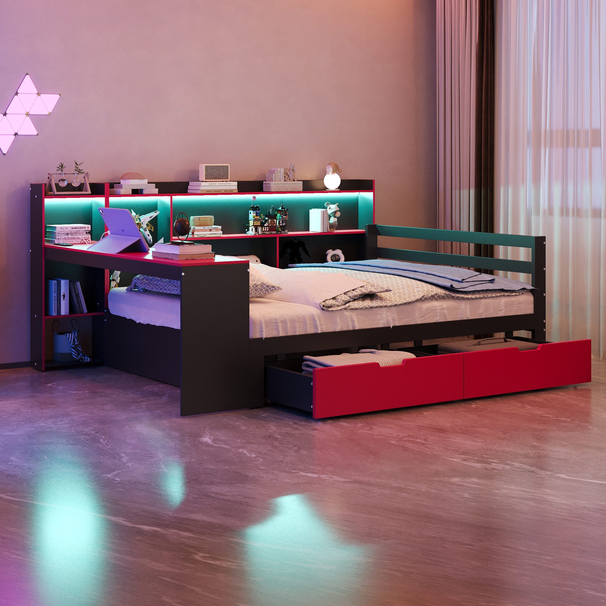 OKWISH Schlafsofa Kinderbett Funktionsbett, mit Schubladen, integriertem Schreibtisch, Regalen, Staufächern, Beleuchtung und Steckdosen 140x200 cm, ohne Matratze