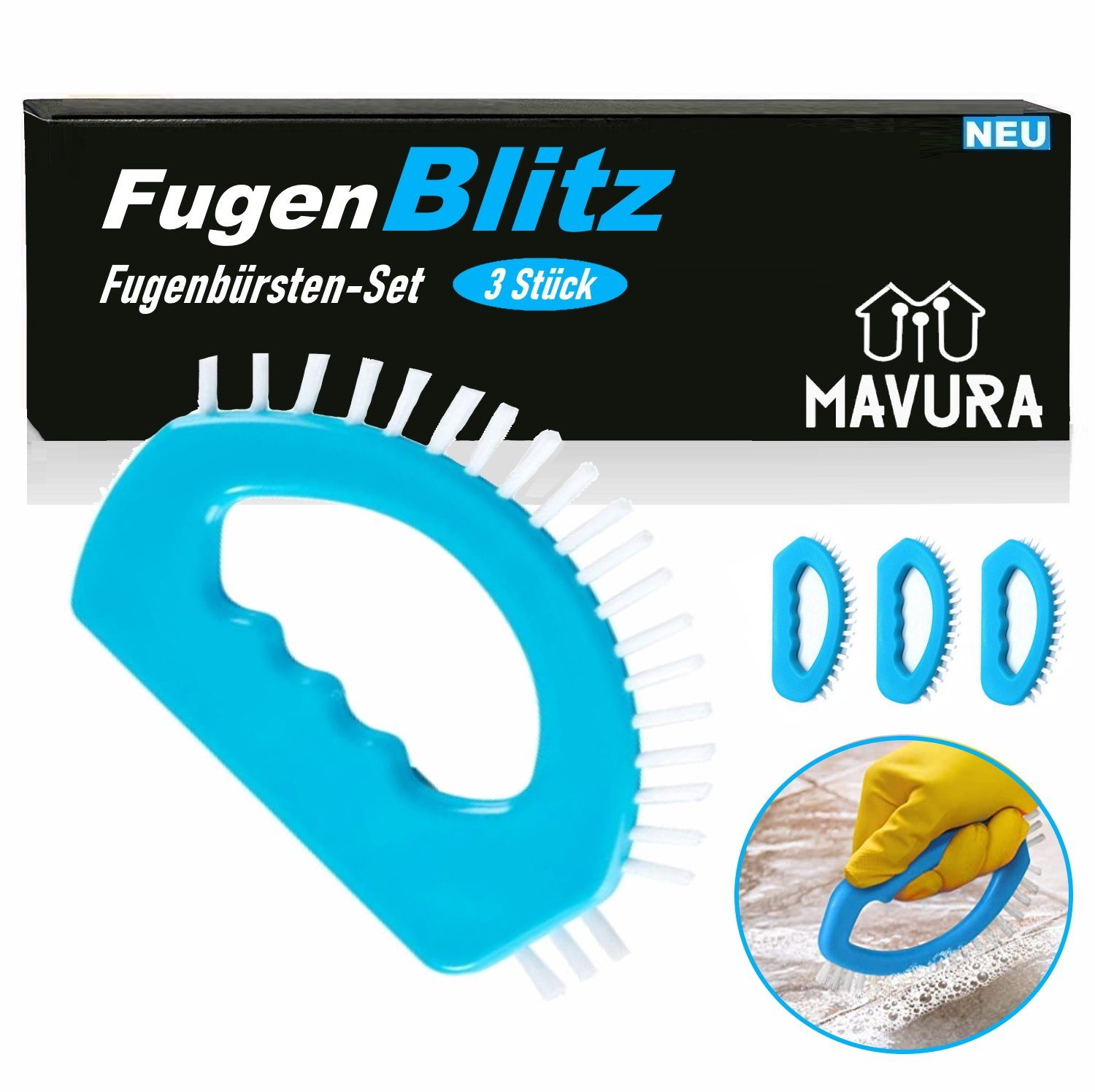 MAVURA Fugenbürste FugenBlitz Reinigungsbürsten Set Bad Fugenreinigung, Fugenreinigungsbürste Scheuerbürsten Kanten Bürste 3er Set