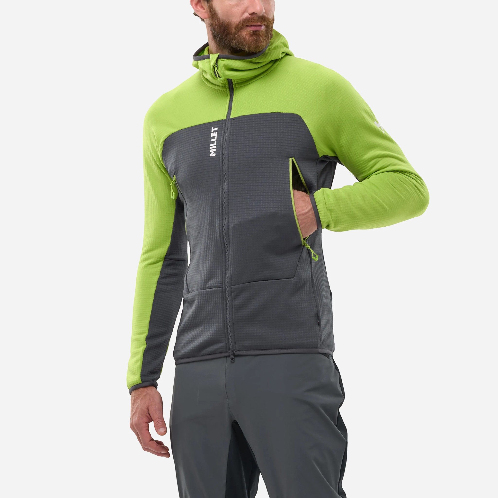 Millet Fleecejacke Fusion Grid Hoodie (Polartec, atmungsaktiv) grau/lime Herren