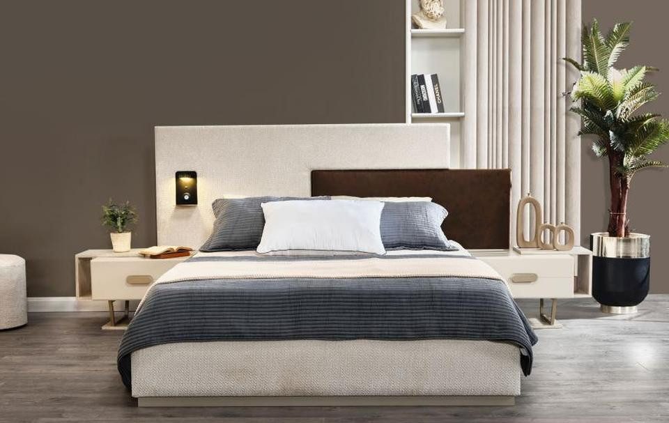 Schlafzimmer-Set Beige Schlafzimmer Garnitur Holz Nachttische Doppelbett 3tlg Set