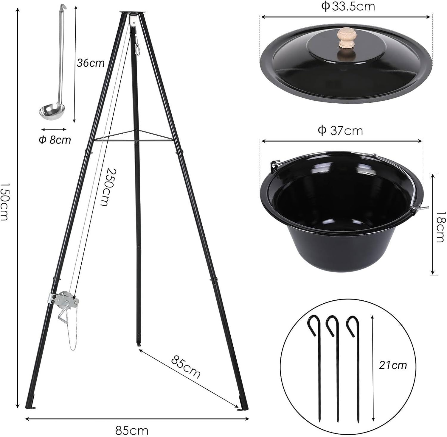 TLGREEN Holzkohlegrill Kesselgulasch Topf, 10L/15L/30L, Gulaschkessel mit Dreibein, Kettenhöhenverstellung, Kesselgulasch Topf Set, für Picknick – Bild 2 von 5