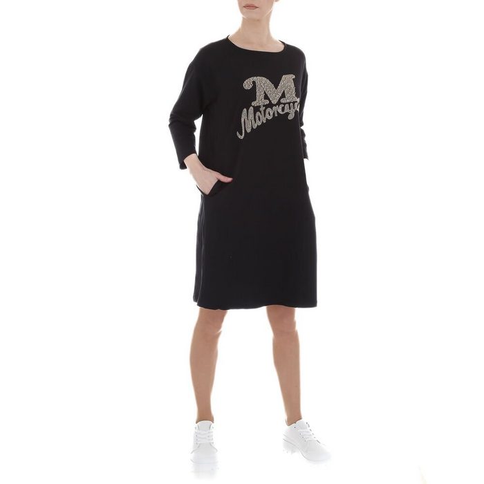Ital-Design Shirtkleid Damen Freizeit Nieten Textprint Stretch Stretchkleid in Schwarz