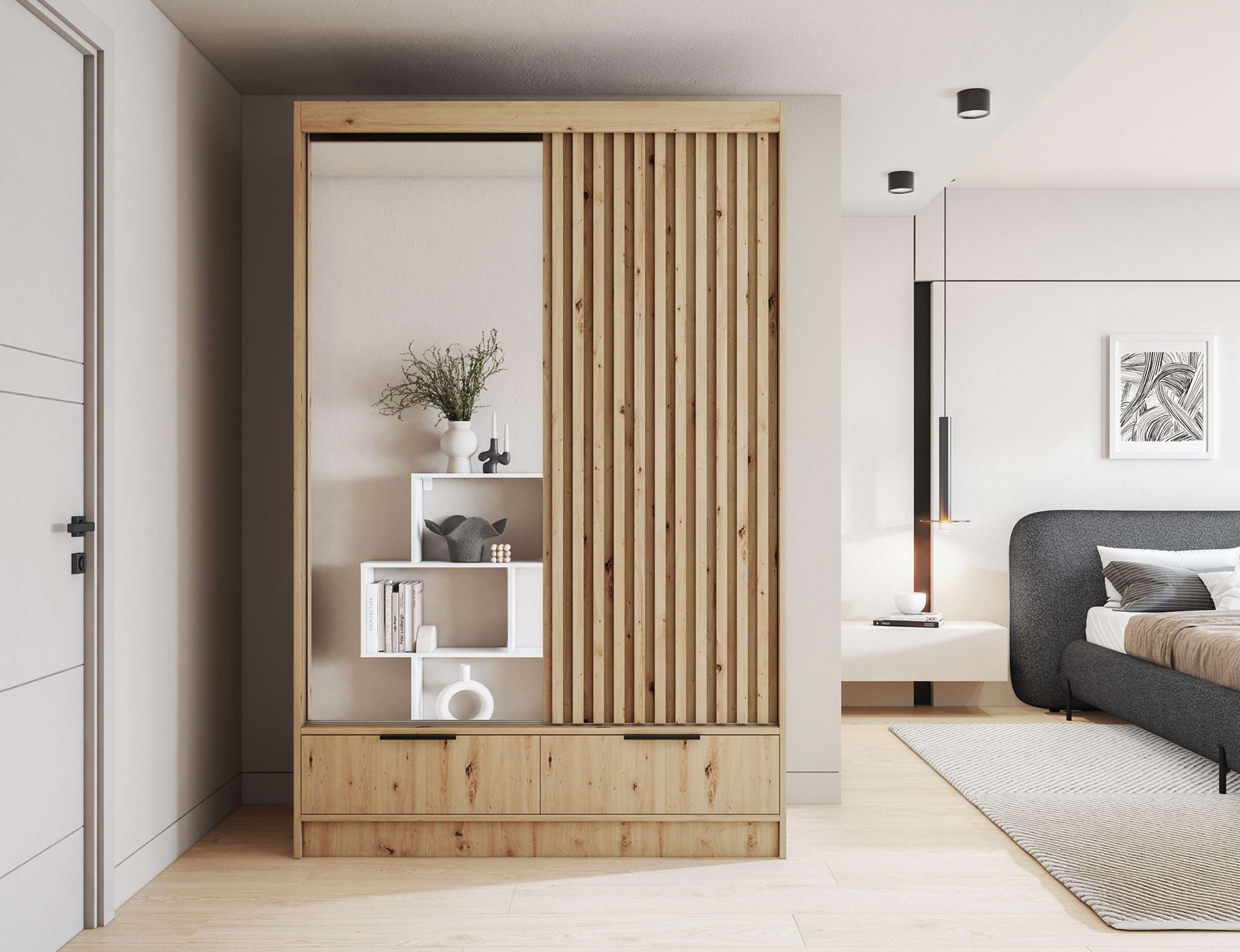 MOEBLO Schiebetürenschrank Yoga (Moderner Schrank mit Spiegel, Lamellen-Design und praktischen Schubladen – Stauraum & Eleganz in Artisan Eiche, Schwebetürenschrank 2-türig Schrank Garderobe Schiebtüren Schlafzimmer) (BxHxT): 120/180x204x60 cm