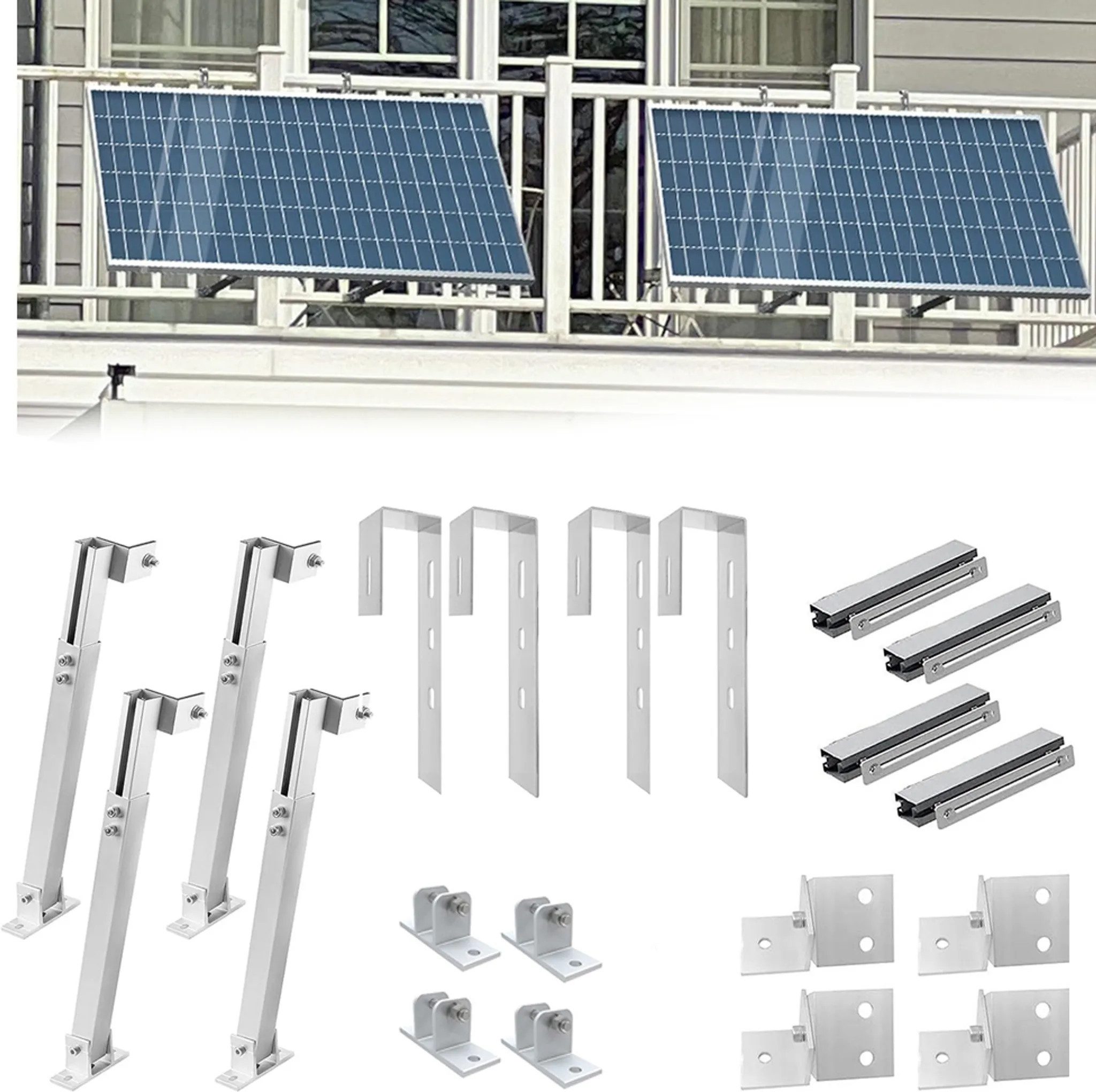 Rhein Beleuchtung Balkonkraftwerk Montageset für 2 Solarmodule – Halterung Balkonkraftwerk, wetterfest, 0 W, Edelstahl (Haken), Aluminium (Ständer & Schienen), (Set, 2-St., Solarpanel Halterung aus Alu & Edelstahl – für Balkon & Carport), 15–30° verstellb