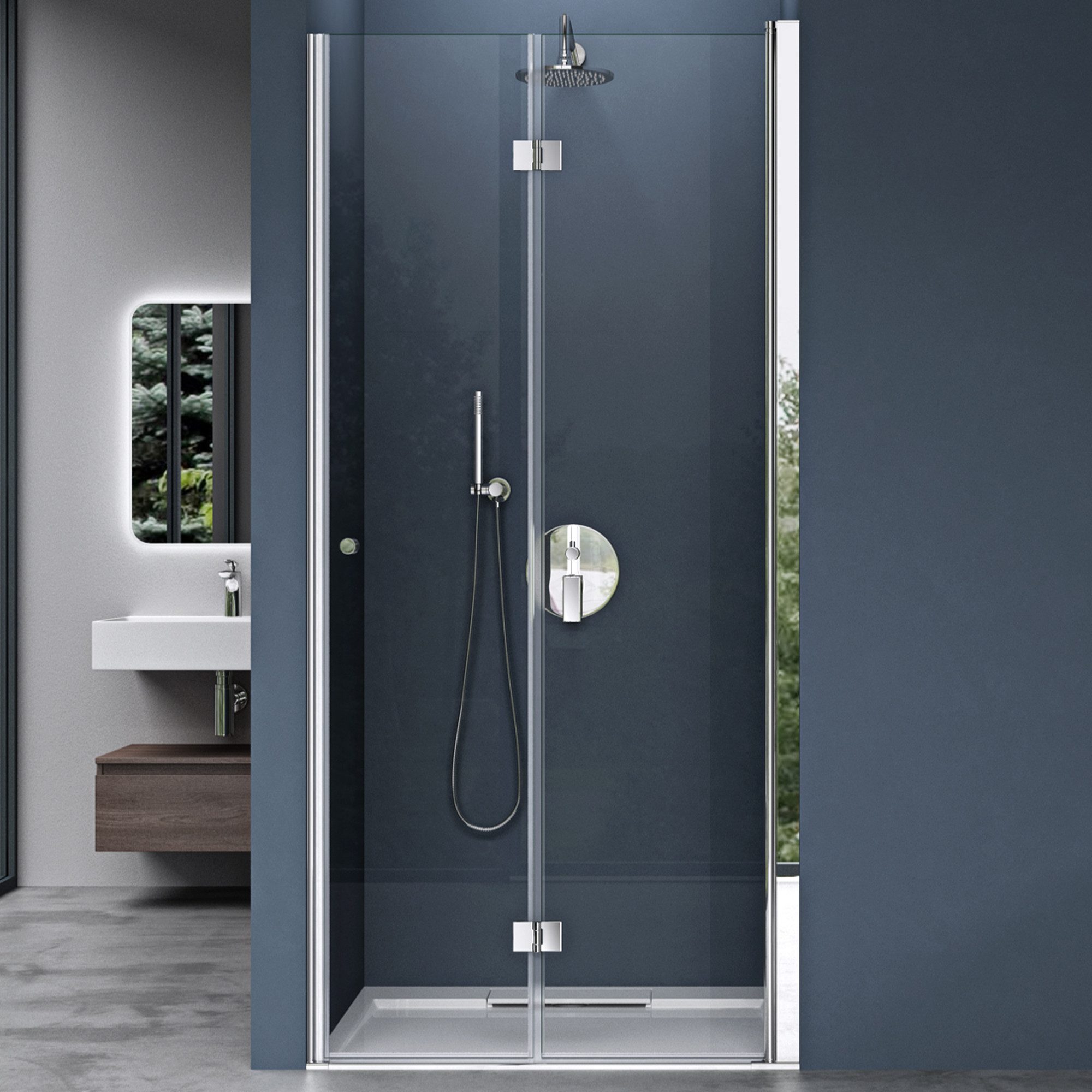 doporro Dusch-Falttür Duschtür Nischentür dusche 6mm ESG mit Nano 190cm Teramo26, 75x190 cm, Einscheibensicherheitsglas, Schwebemechanismus, Drehfalttür 180°, 20mm Verstellbereich