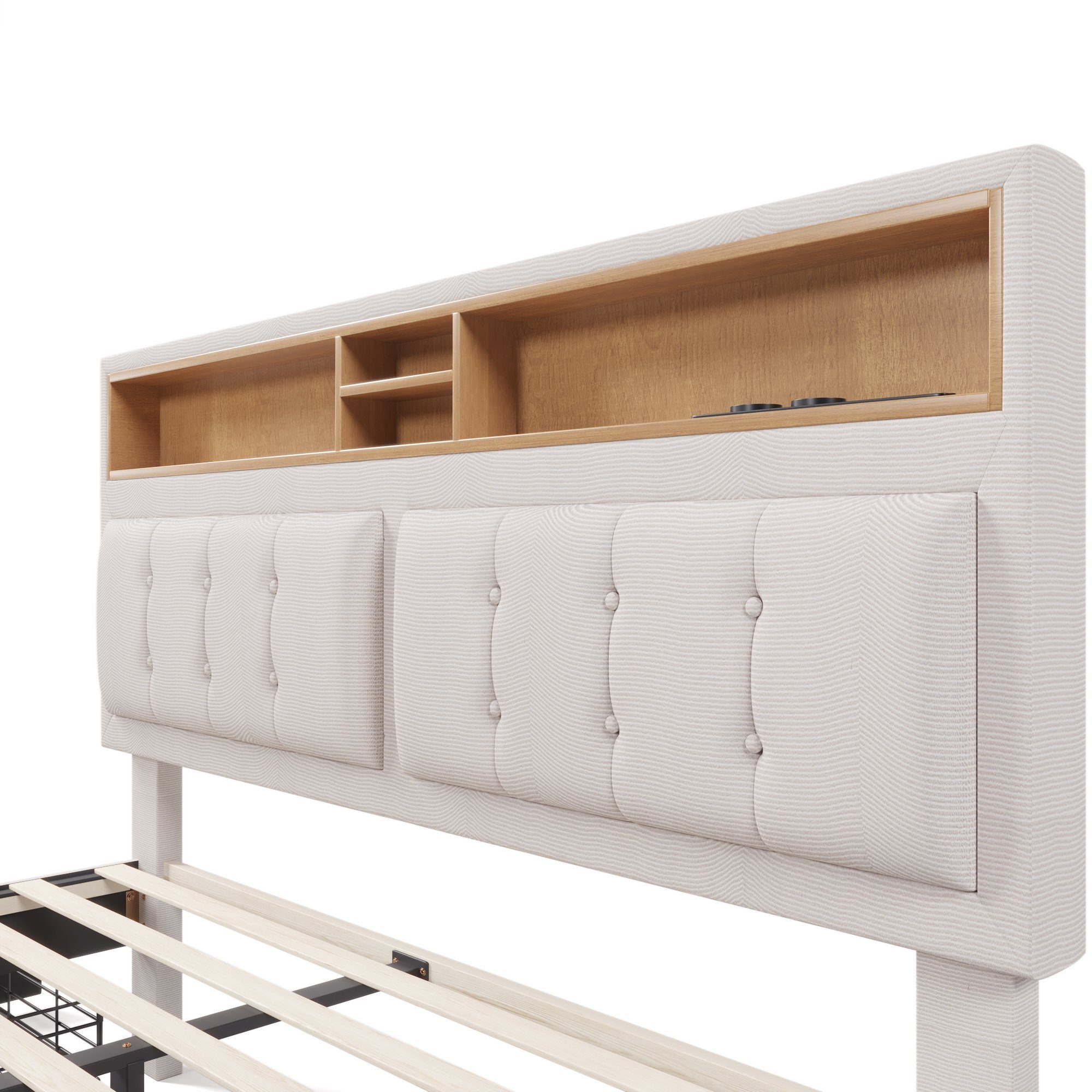 Polsterbett (Doppelbett mit Lattenrost und 4 Schubladen), Stauraumbett 160x200cm mit USB Typ C Ladefunktion Kopfteil, Leinen