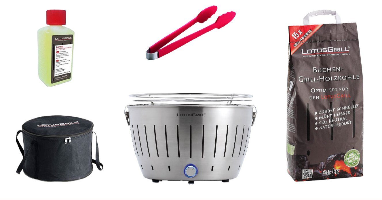 LotusGrill Holzkohlegrill LotusGrill Starter-Set Classic 1xGrill Edelstahl mit USB-Anschluß 5tlg