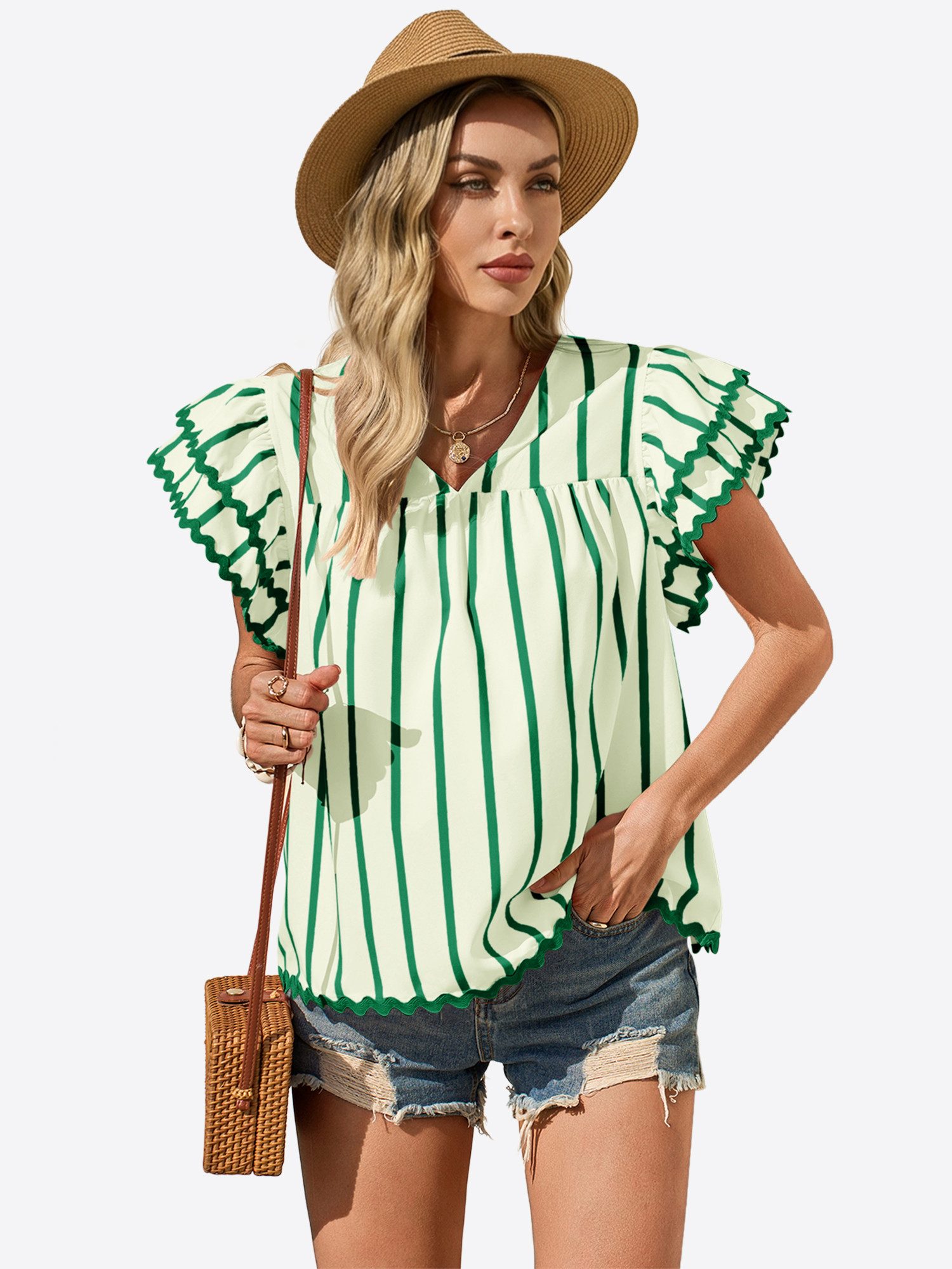 Imily Bela Blusentop Damen V-Ausschnitt Bluse mit Rüschen (Packung, 1-tlg., 1per-Pack) Schultern überlappend – Bild 4 von 5