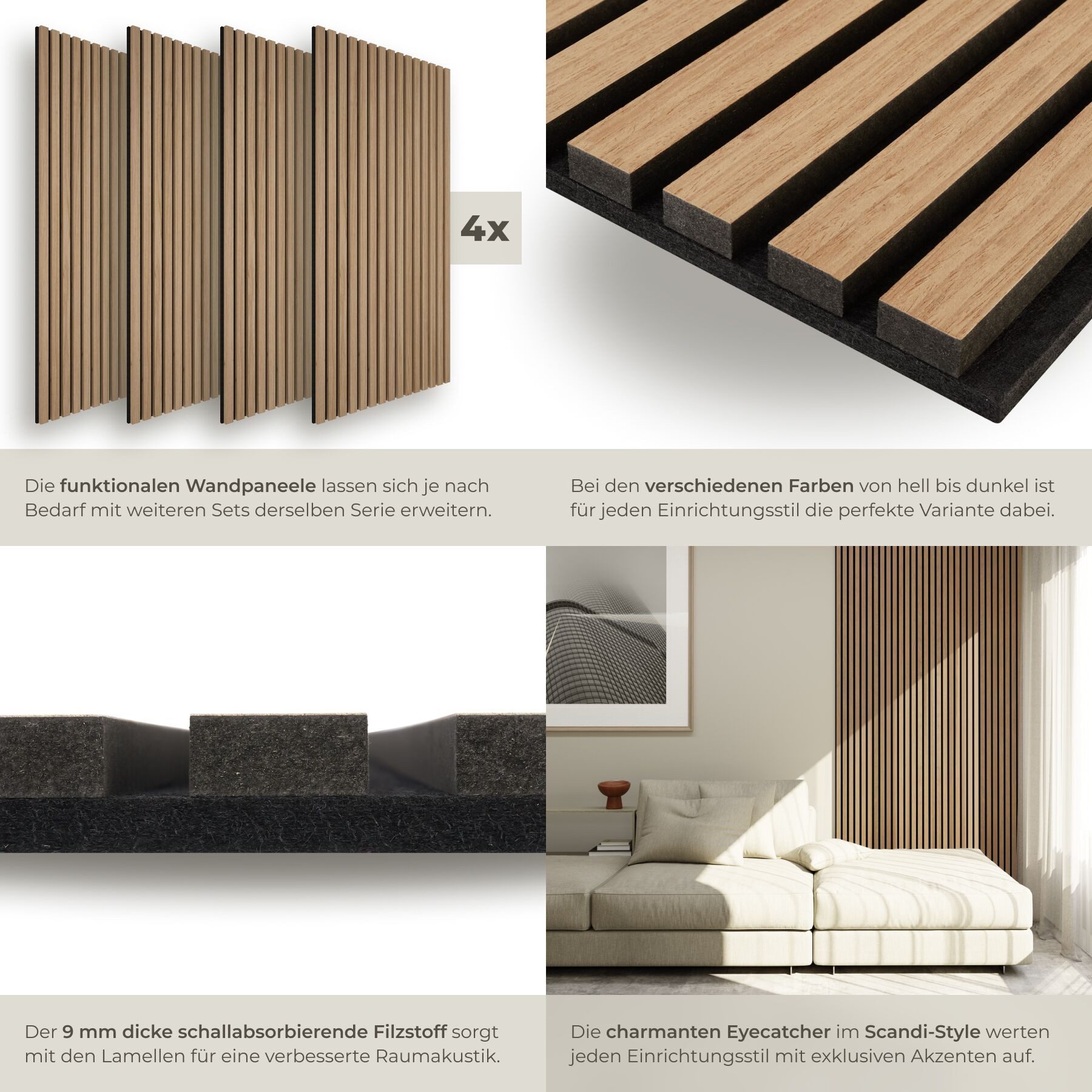 tectake Wandpaneel Akustikelement aus MDF mit Holzlamellen, BxL: 60x120 cm, 0.72 qm, (Akustikpaneele Sonic Wall, 4-tlg., in Eiche) schallabsorbierender Filz, ei – Bild 4 von 5