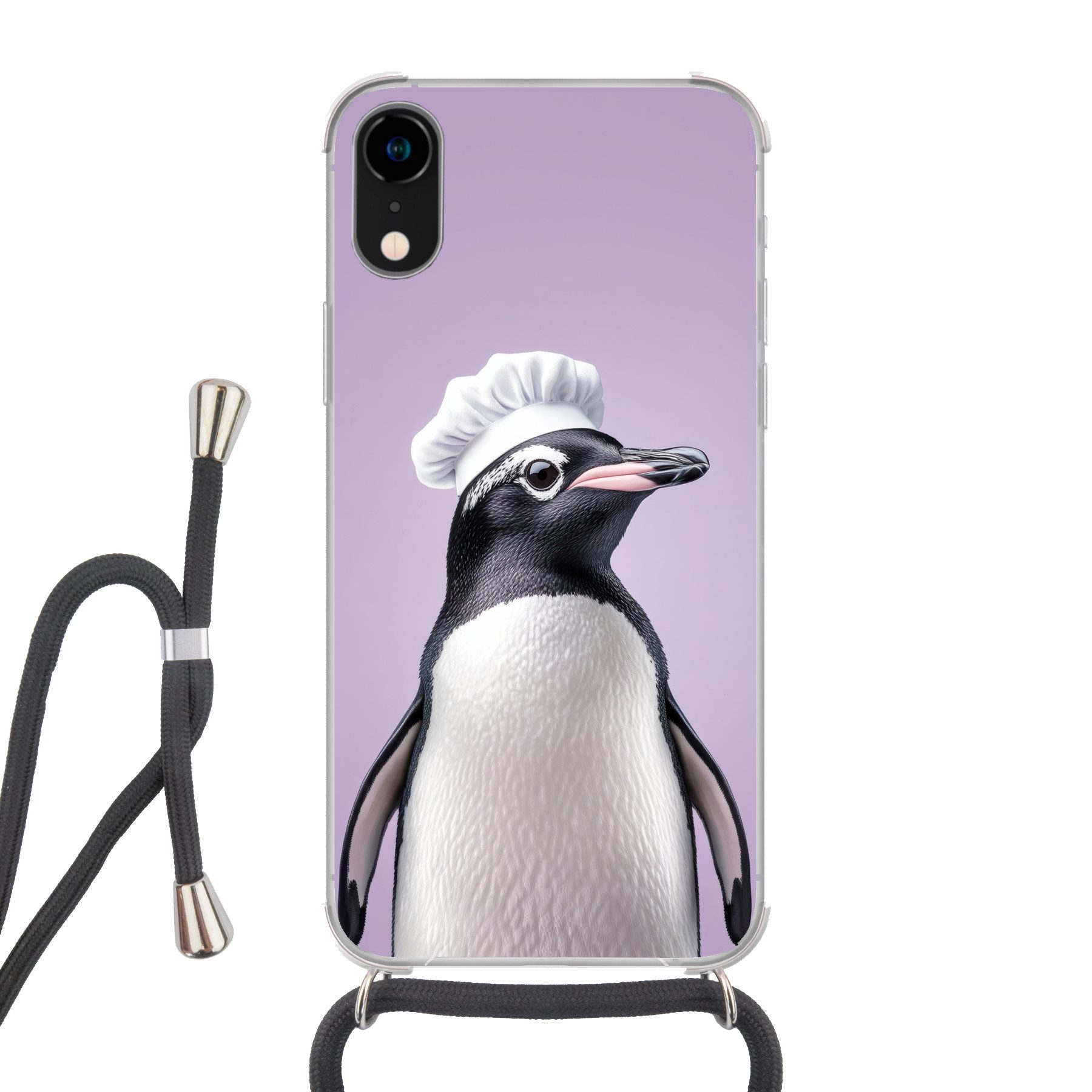 MuchoWow Handyhülle für Apple iPhone XR Pinguin - Kochmütze - Süß - Lila, Tragbare Handyhüllen mit Kette zum umhängen, Handykette Handyband