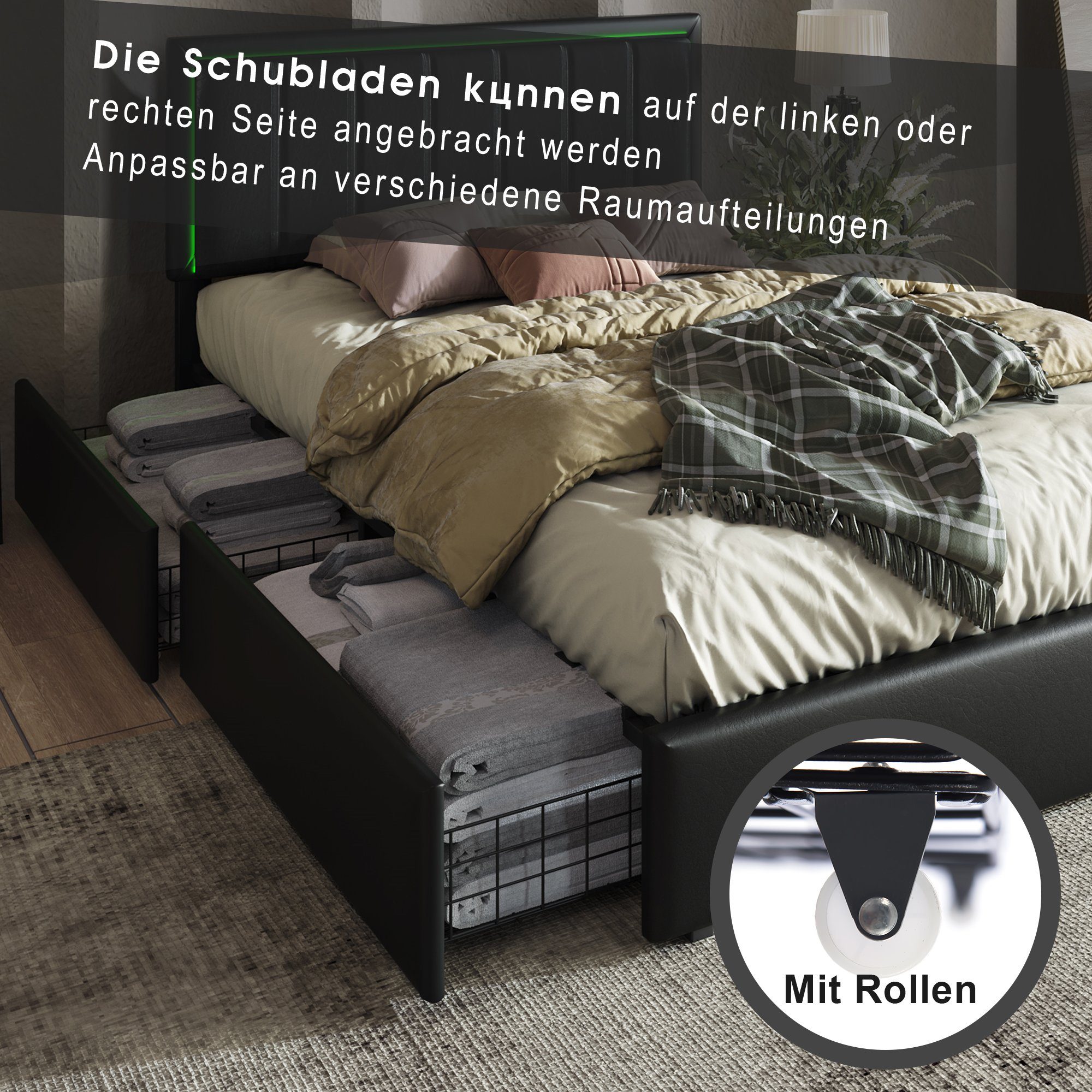Polsterbett (Funktionsbett, 140 x 200 cm, mit 4 Schubladen, verstellbarem Kopfteil und Lattenrost), Doppelbett mit LED-Beleuchtung, Lattenrost aus Holz, Kunstleder