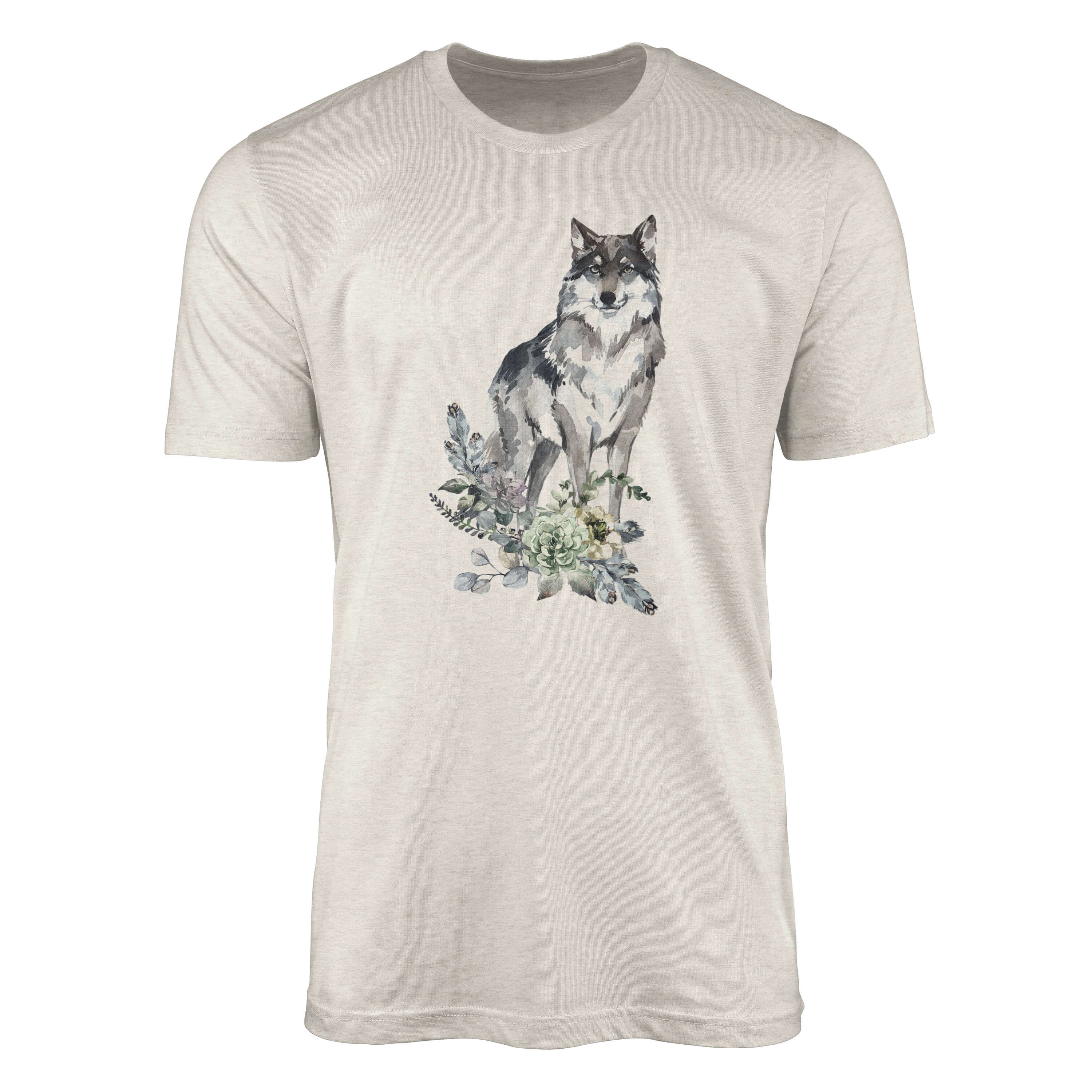 Bio-Baumwolle Blumen T-Shirt Art 100% Shirt Wolf Nachhaltig gekämmte aus Ökomode Herren Aquarell (1-tlg) Sinus Motiv T-Shirt