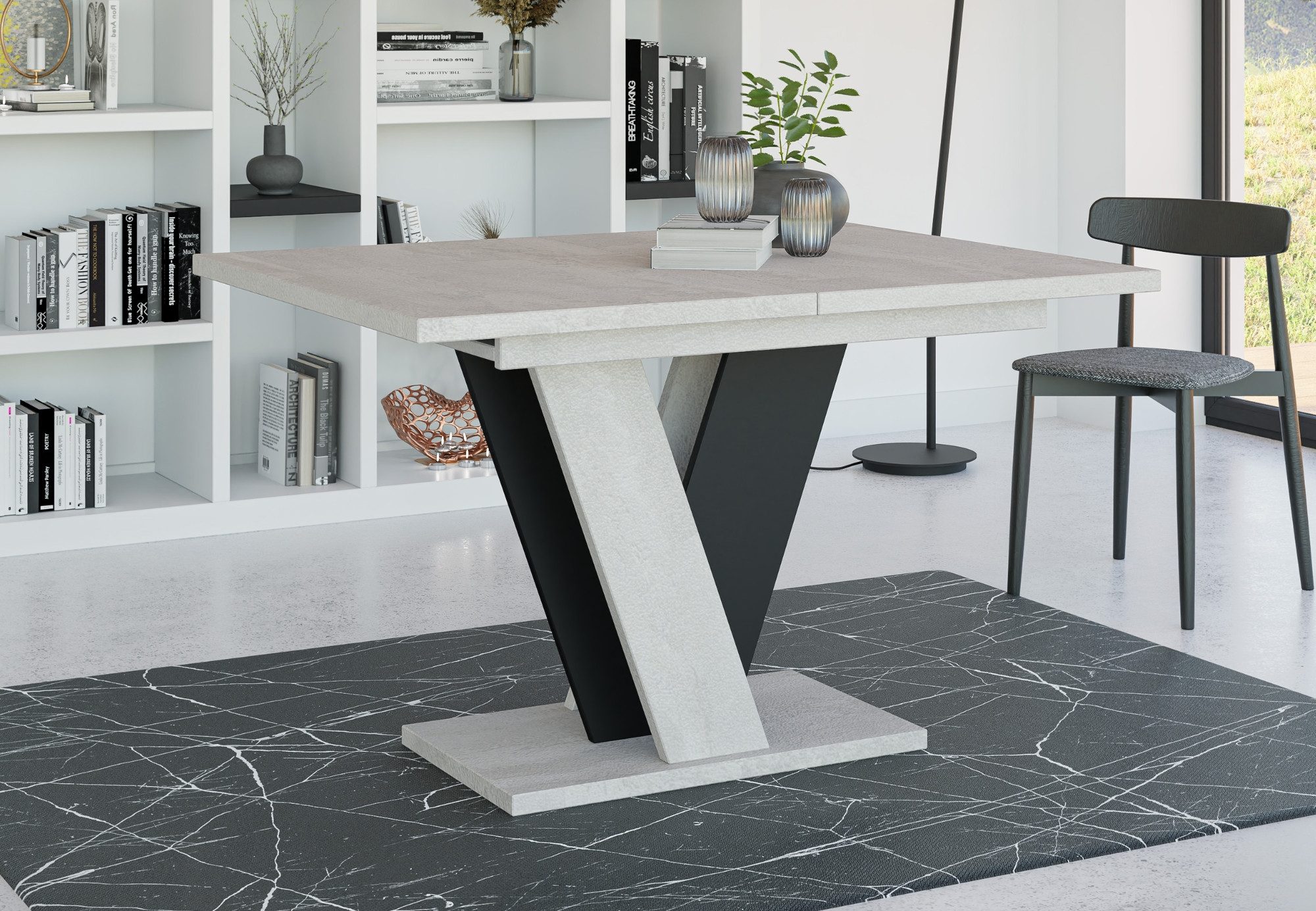 Home Collective Esstisch ausziehbar Tisch Küchentisch Esszimmertisch Ausziehtisch 4-6 Personen (Esszimmer Küche Wohnzimmer Esstisch erweiterbar), modernes Design mit V-Gestell, 120-160 x 90 cm Betongrau mix Schwarz