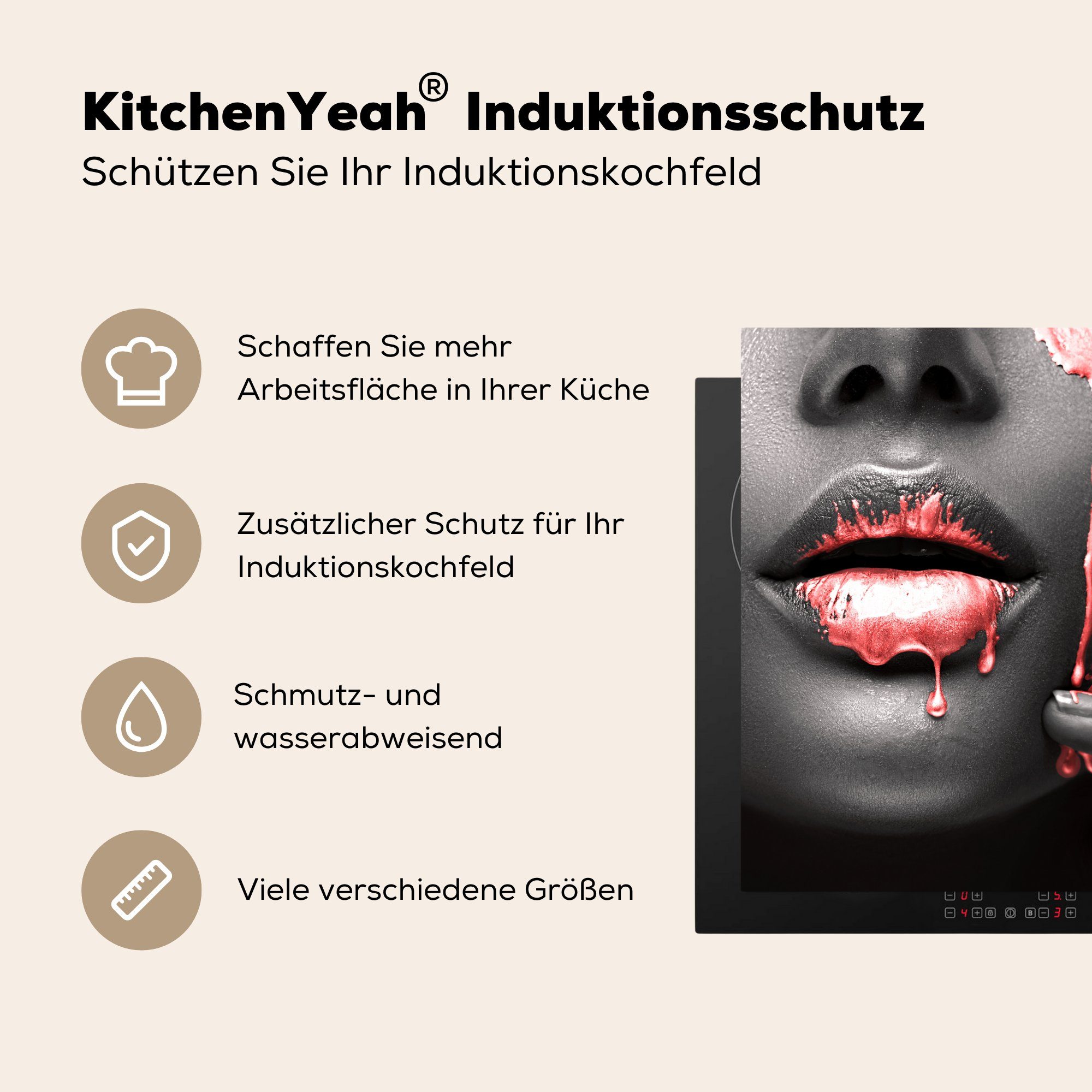 Rot Lippen Ceranfeldabdeckung, Schwarz, 78x78 MuchoWow (1 für Vinyl, - - küche Arbeitsplatte cm, tlg), Herdblende-/Abdeckplatte