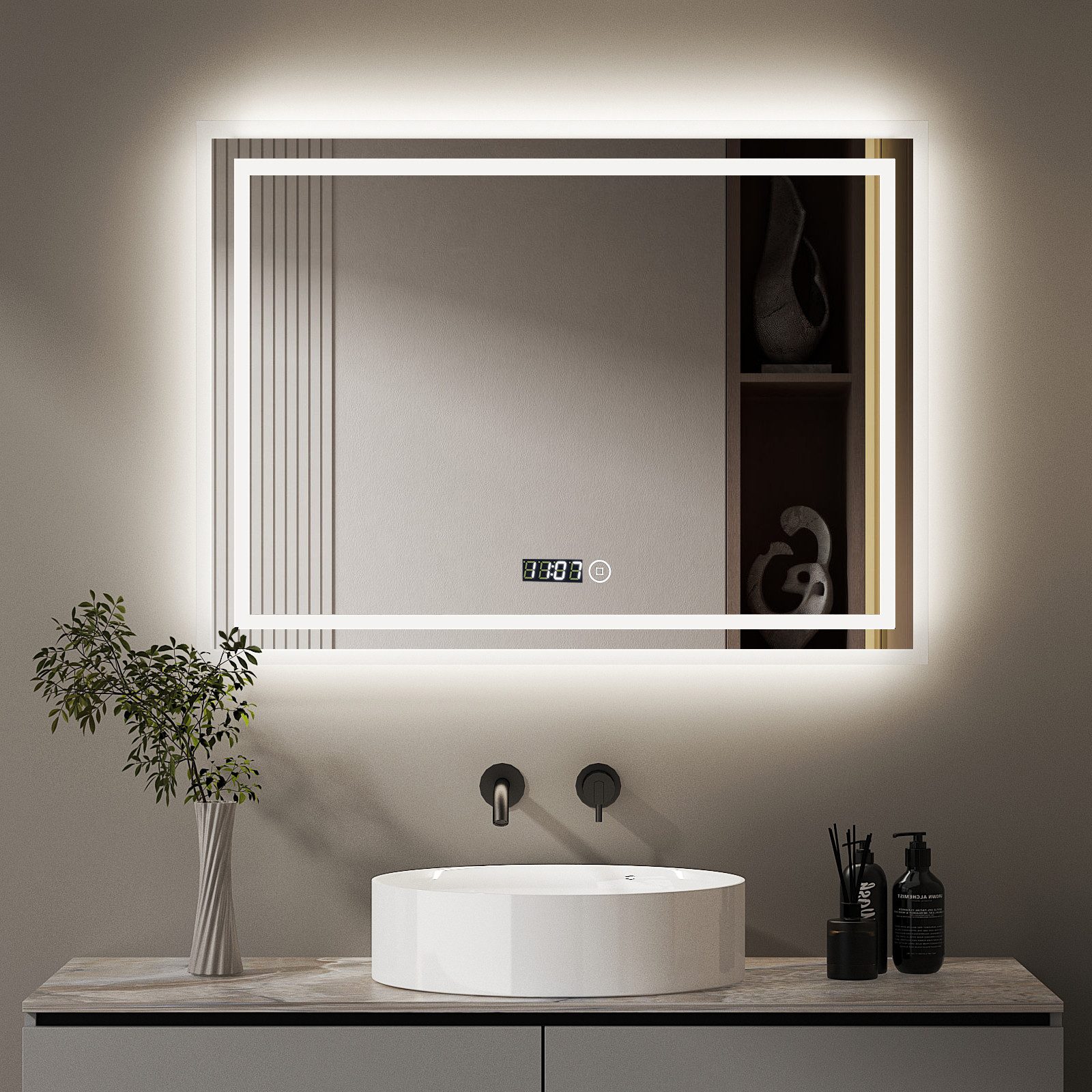 Badspiegel LED 80x60 mit Uhr Touch Spiegel Wandspiegel mit beleuchtung