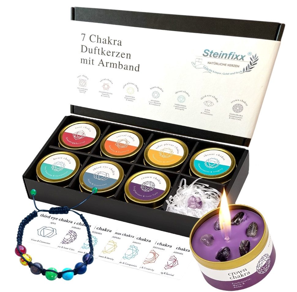 Steinfixx® Duftkerze Sieben Chakra Edelstein Ароматные свечи Geschenkset mit Armband (Geschenkset mit Überraschung, 8-tlg., Handmade für Achtsamkeit und Entspannung), in Geschenkbox mit deutscher Erklärung