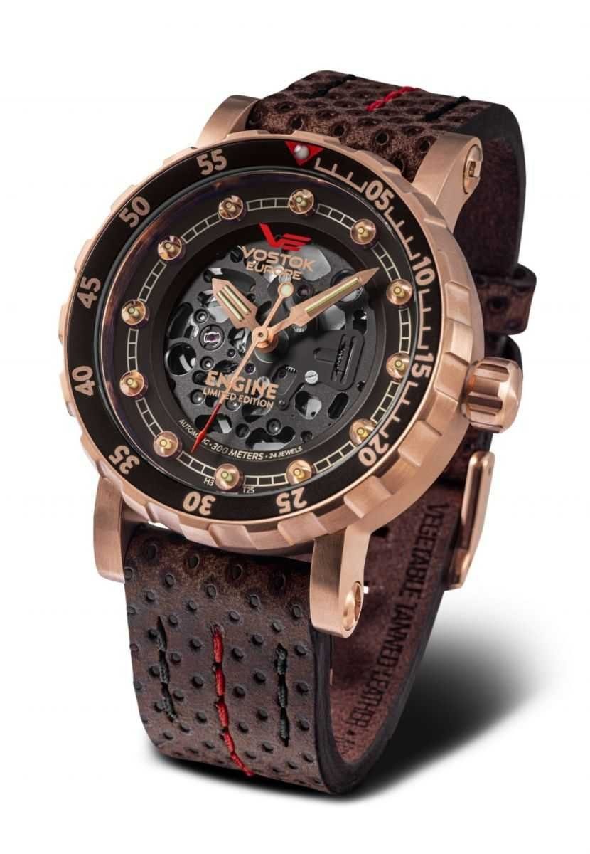 Vostok Europe Automatikuhr Engine Skelettuhr Herrenuhr Ltd.Ed. 571B648 Lederband 46 mm, mit Tritium Gas Lichtquelle