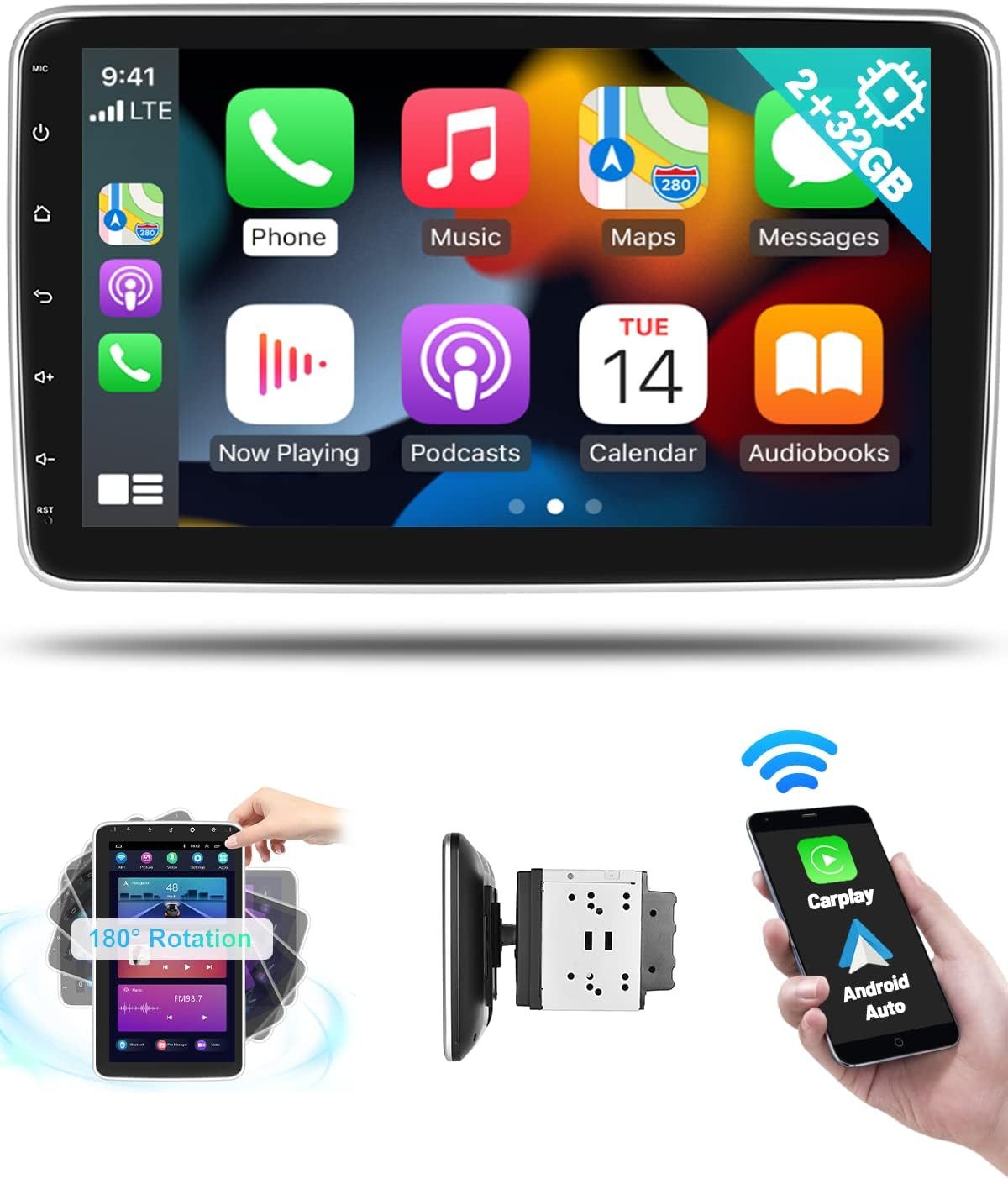 Hikity 2 DIN Android 10" Bildschirm Vertikal gedrehter Touchscreen mit Kamera Autoradio (2GB + 32GB, Die Navigationsfunktion)