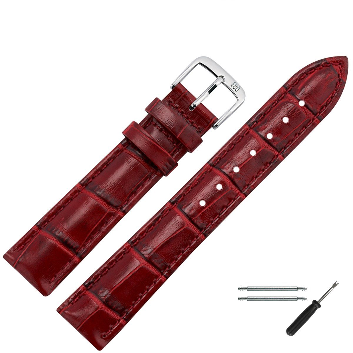 QUARKZMAN Uhrenarmband Aus Echtem Leder Mit Edelstahl-Schnalle, 16 Mm, Vintage-Look - Ersatzarmband Für Damen & Herren (Rot)