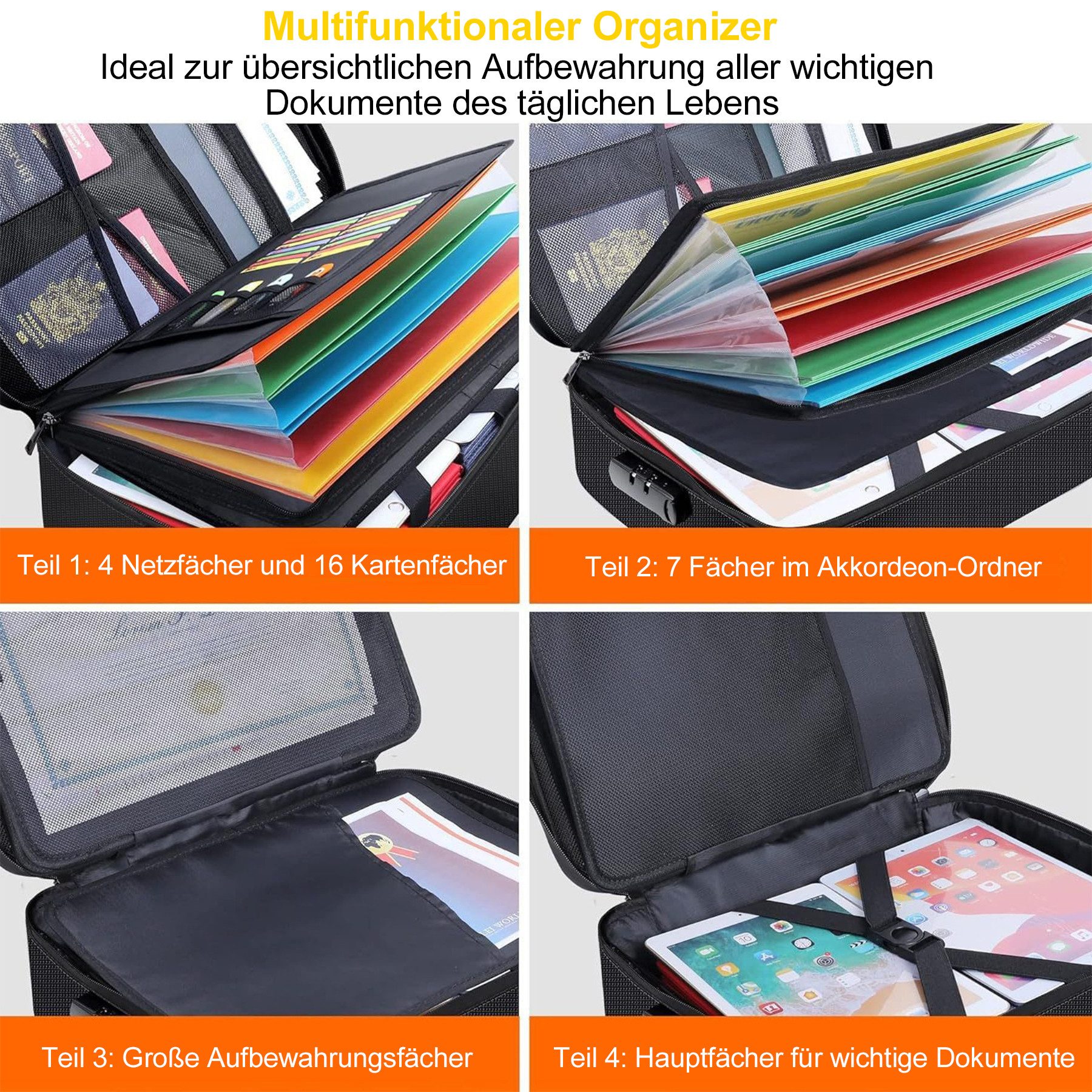 Keyura Dokumententasche Feuerfeste Dokumentenbox, Dokumententasche handtasche (mit 7 Fächer & 16 Kartenfächer Tragbare Aktentasche Zuhause und Büro, Wasserfeste – Bild 5 von 5