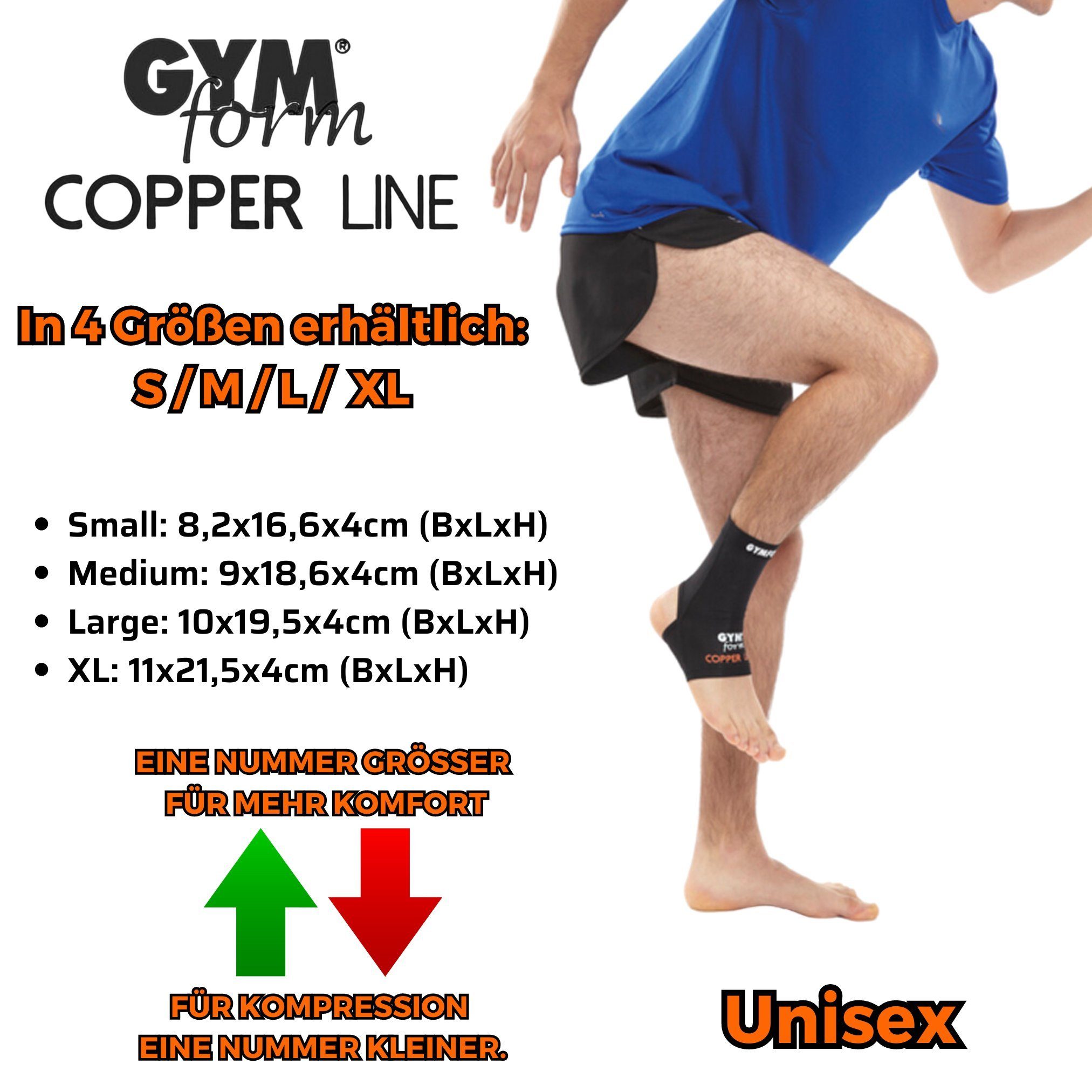 Gymform® Fußbandage Copper Line - Ankle Sleeve (Spar-Set 1er oder 2er Pack, 1-tlg., in 4 Größen - S, M, L, XL), Fusstütze - Kompressions Bandage aus Kupferfasern, atmungsaktiv