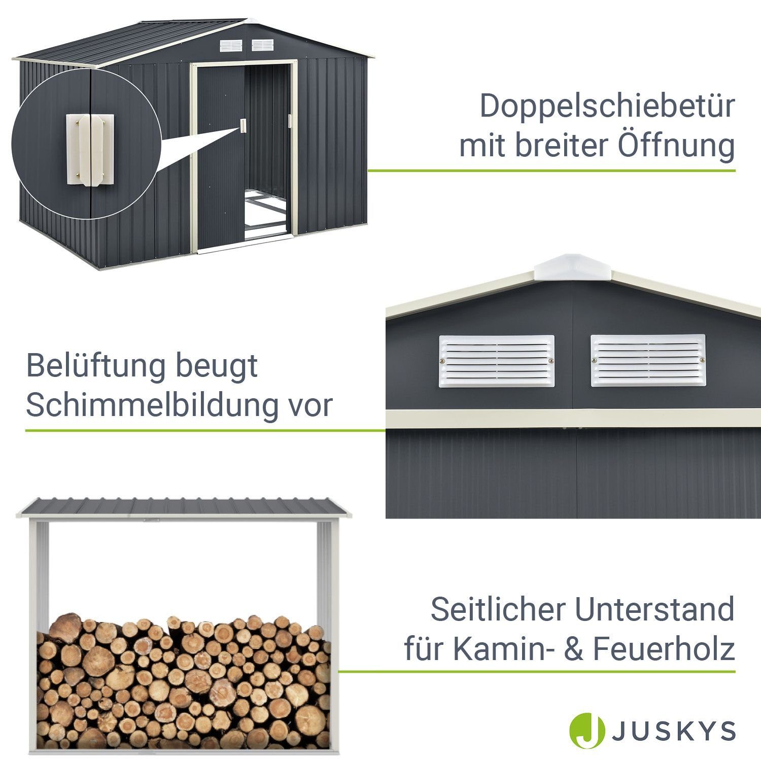 XL, 348x191 Juskys BxT: Holzunterstand Gartenhaus Fundamentrahmen, stabil cm, & mit wetterfest,