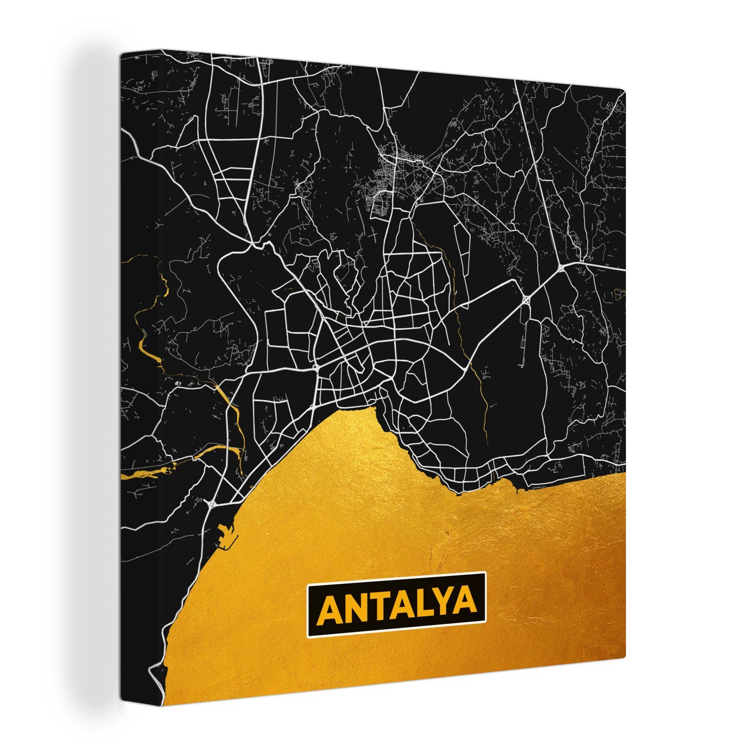 OneMillionCanvasses® Leinwandbild Antalya - Gold St), Karte Schlafzimmer für Bilder Leinwand - Wohnzimmer - Stadtplan, (1