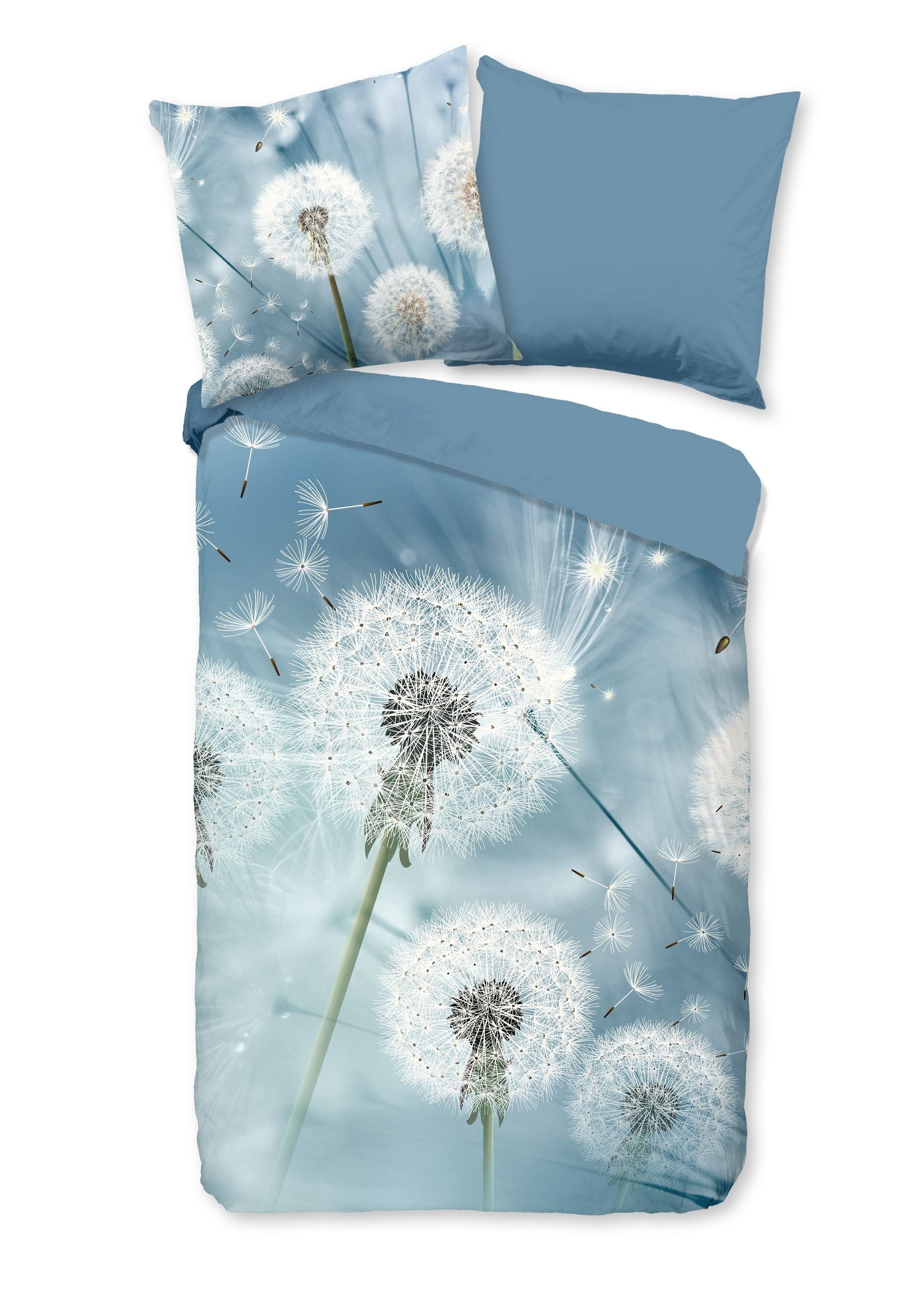 Bettwäsche Baumwolle, Traumschloss, Renforcé, 2 teilig, Pusteblumen, blau weiß