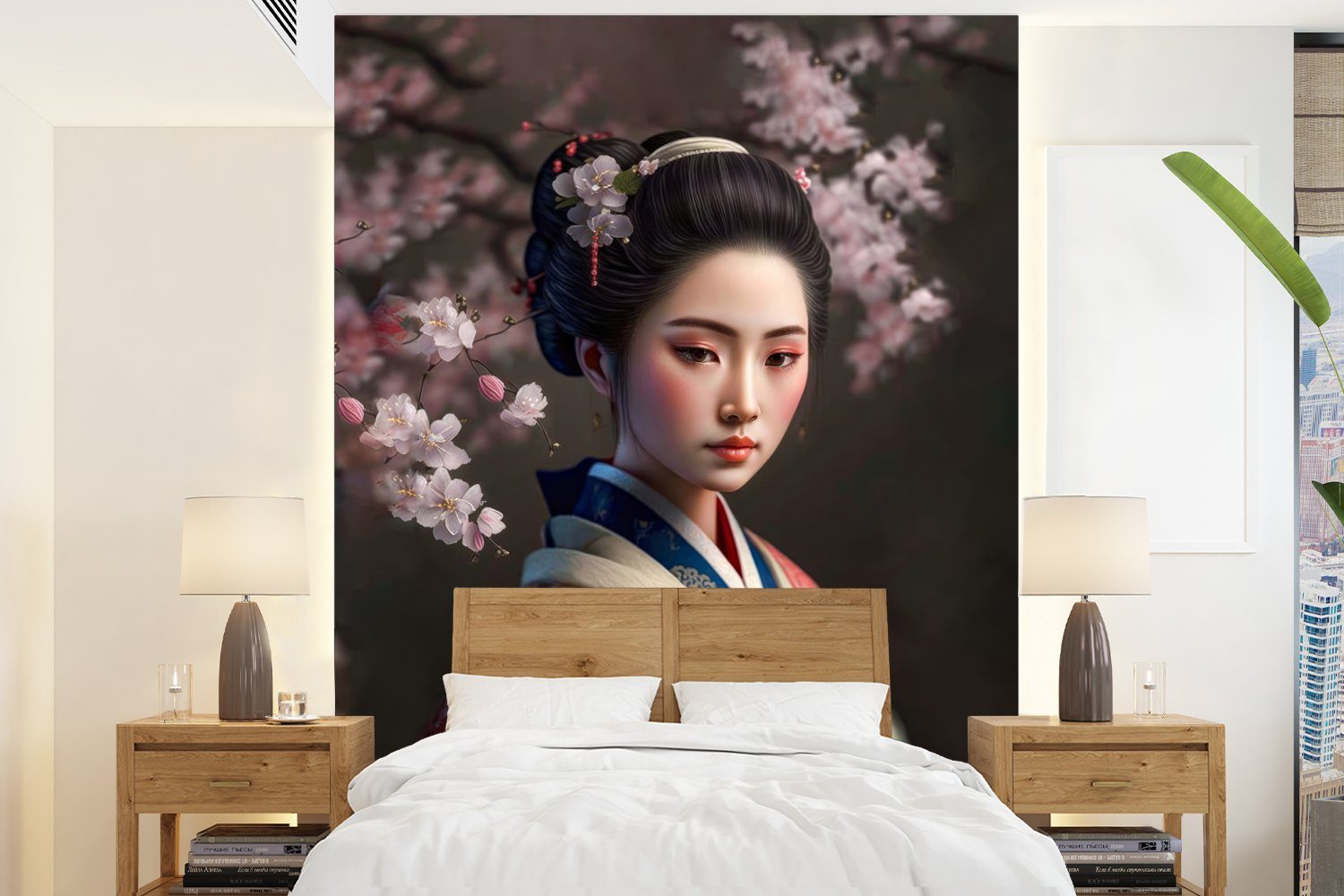 MuchoWow Fototapete Frau - Sakura - Kimono - Asiatisch - Porträt, Matt, bedruckt, (4 St), Montagefertig Vinyl Tapete für Wohnzimmer, Wandtapete