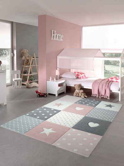 Kinderteppich Kinderzimmer Teppich Spiel & Baby Teppich Herz Stern Punkte Design, Teppich-Traum, rechteckig, Höhe: 13 mm