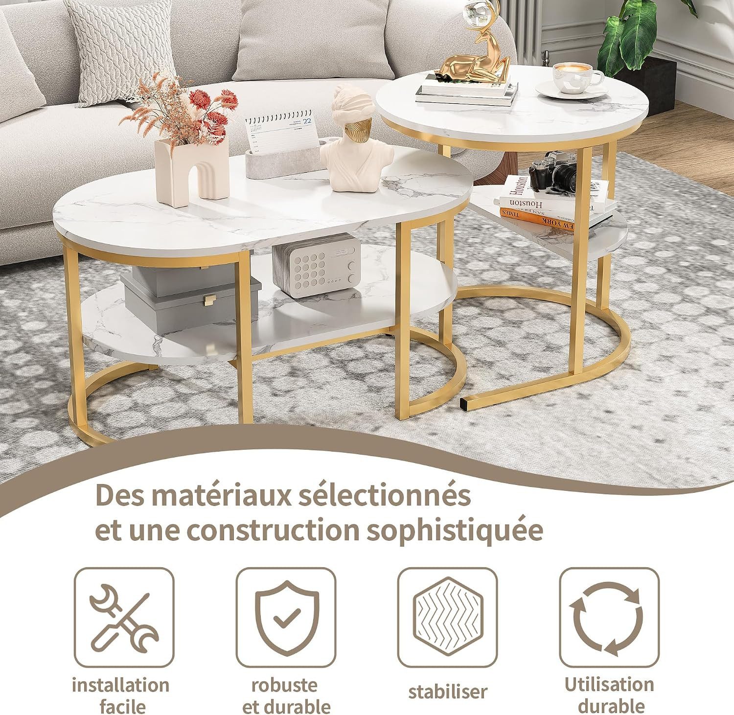 Simurq Couchtisch 2‑er Set ovale Satztische, Marmor‑Optik mit Stauraum – Bild 4 von 5
