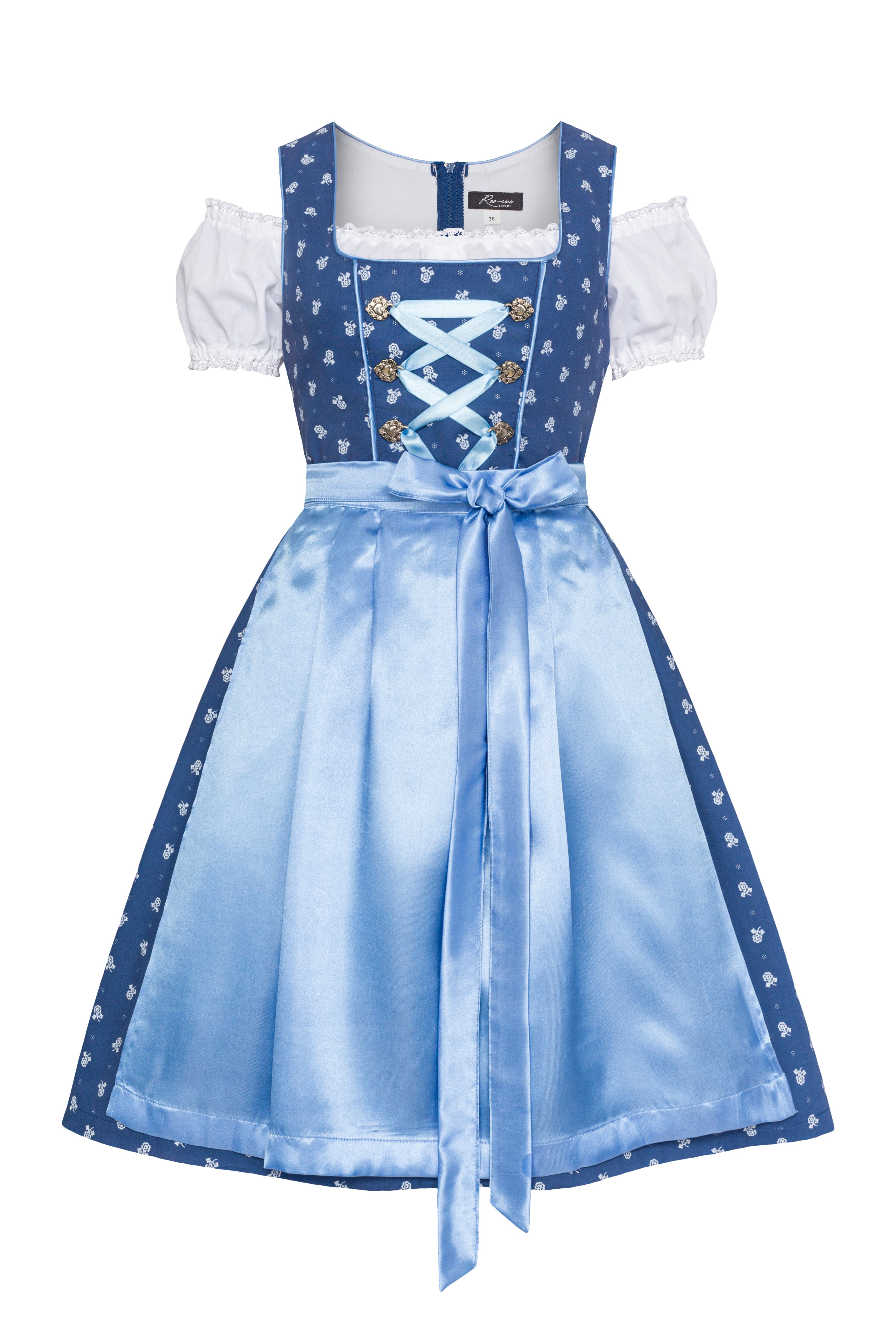 Ramona Lippert Dirndl Julia Trachtenkleid mit Gr. blau Bluse 38-50 cm 65 Damen Rocklänge