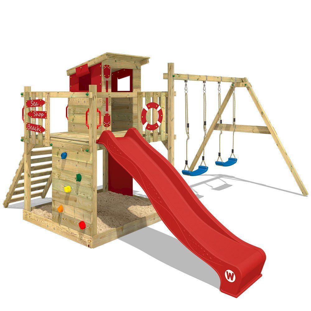 WICKEY Spielturm Klettergerüst TinyWave Rote Rutsche Schaukel Kinder Garten Holz 
