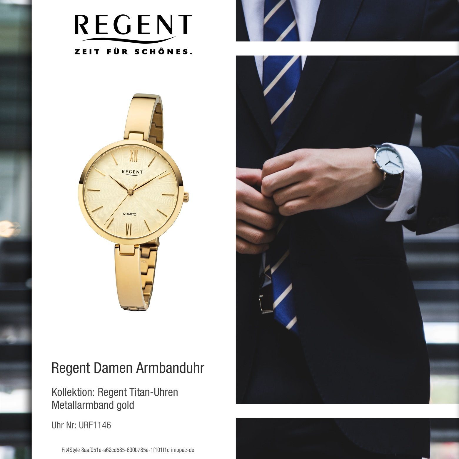 Regent (ca. Damen Quarzwerk, Regent Armbanduhr F-1146 rund, 34mm), Metallarmband Metall mittel Quarzuhr Damen Uhr