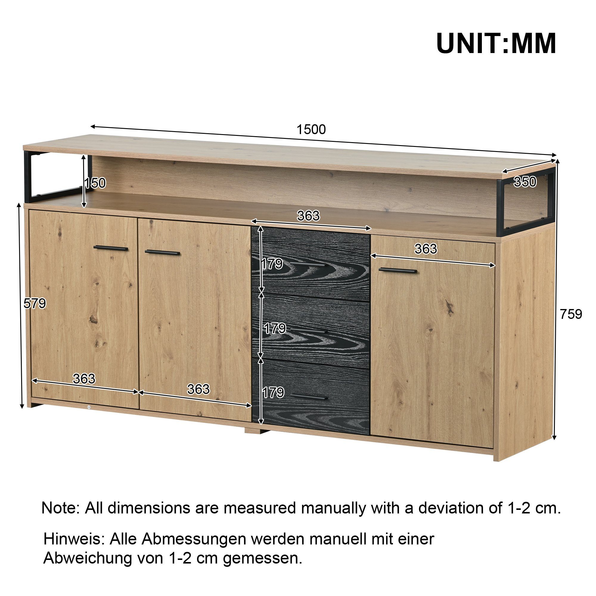 Odikalo TV-Schrank Sideboard Küchenschrank 3 Aufbewahrung 3 Mehrzweck Schubladen Türen