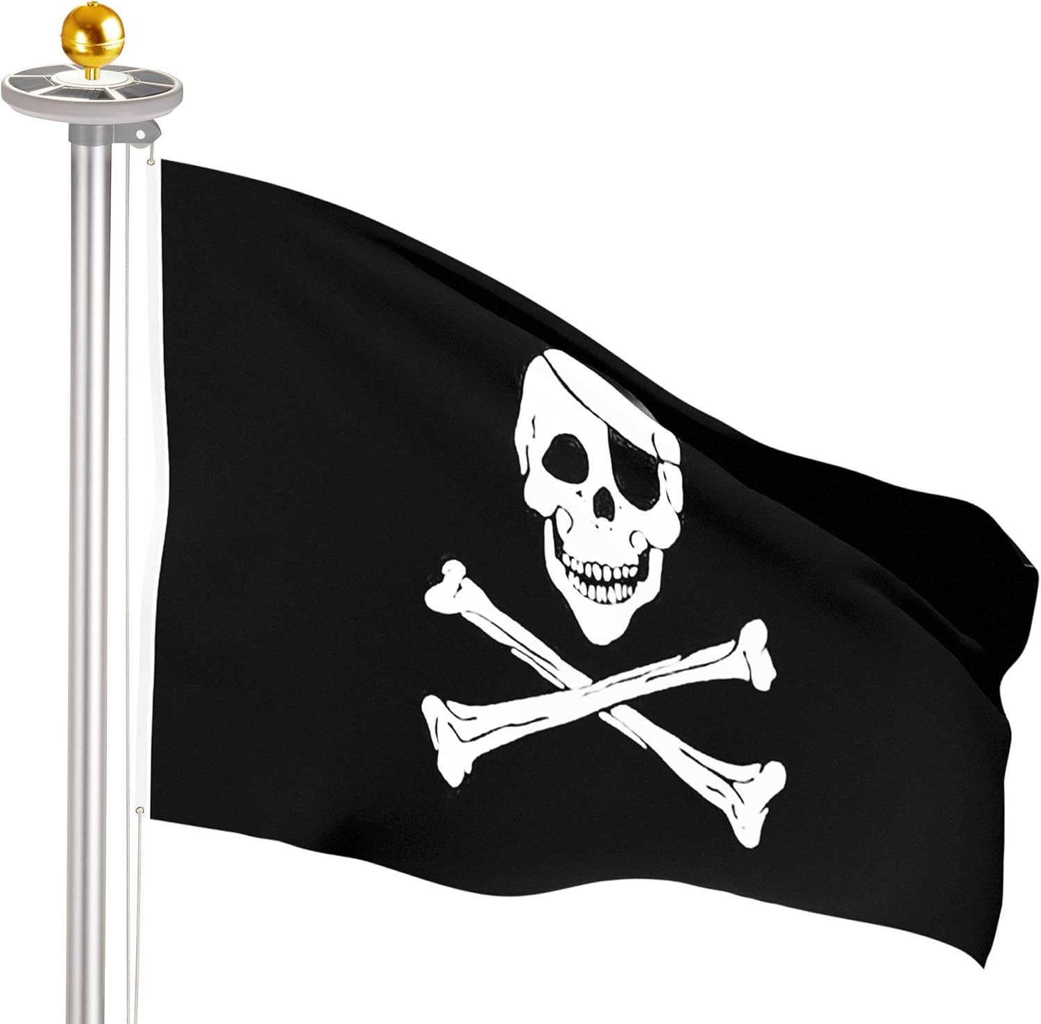 BRUBAKER Fahnenmast Aluminium Fahnenmast inkl. Piraten Flagge, LEDs und Kugelspitze Gold, (Solar-Energie Licht mit 26 LEDs - All-in-One Set), mit Bodenhülse und Totenkopf Fahne 150 x 90 cm