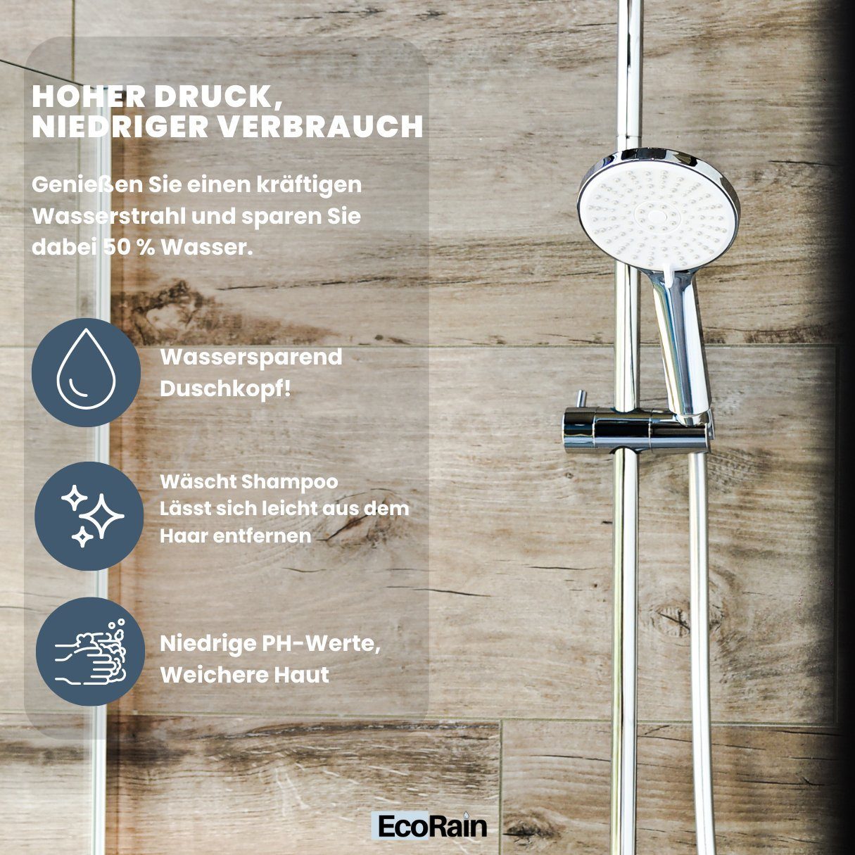 Wasser cm Handbrause Silber Duschkopf und wassersparender Mark Energie sparen 12 EcoRain Chrom
