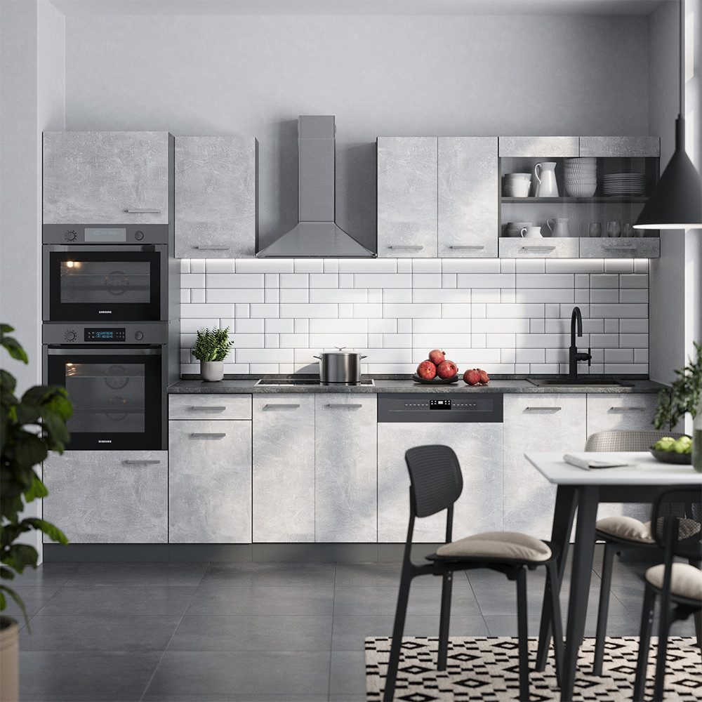 Vicco Küchenzeile R-Line, Beton/Anthrazit, 300 cm mit Hochschrank, ohne Arbeitsplatte