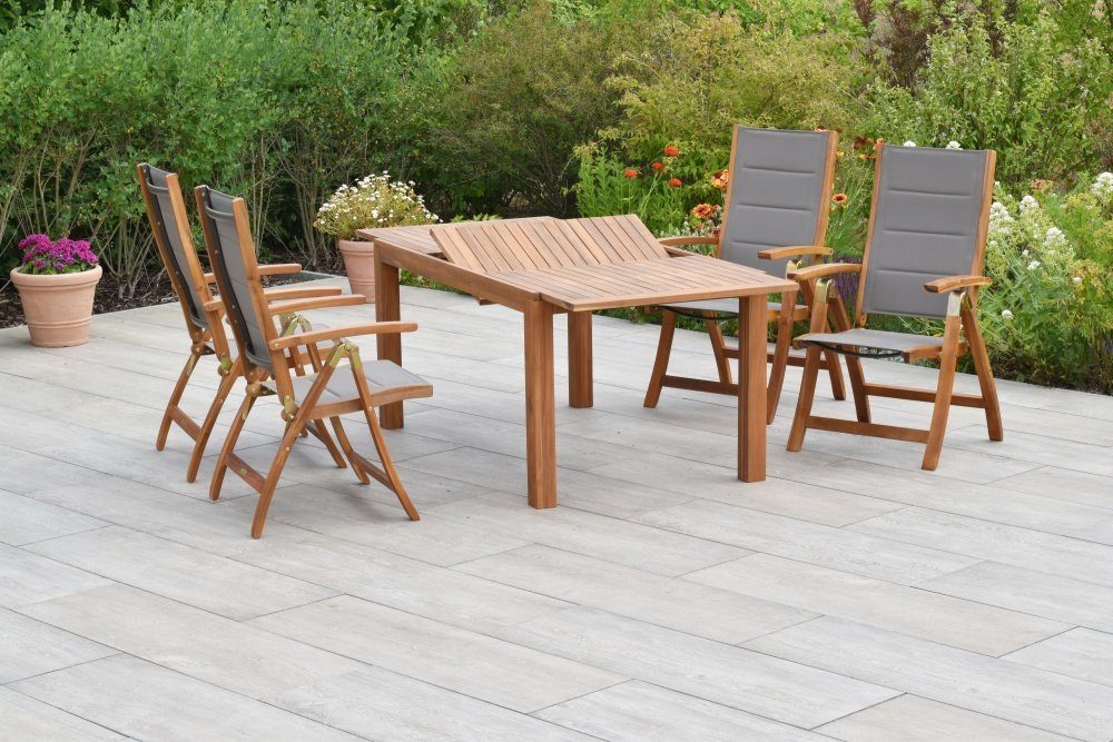 MERXX Garten-Essgruppe Acapulco, (Set 5tlg., 4 Klappsessel, Ausziehtisch, Akazienholz mit Textilbespannung)