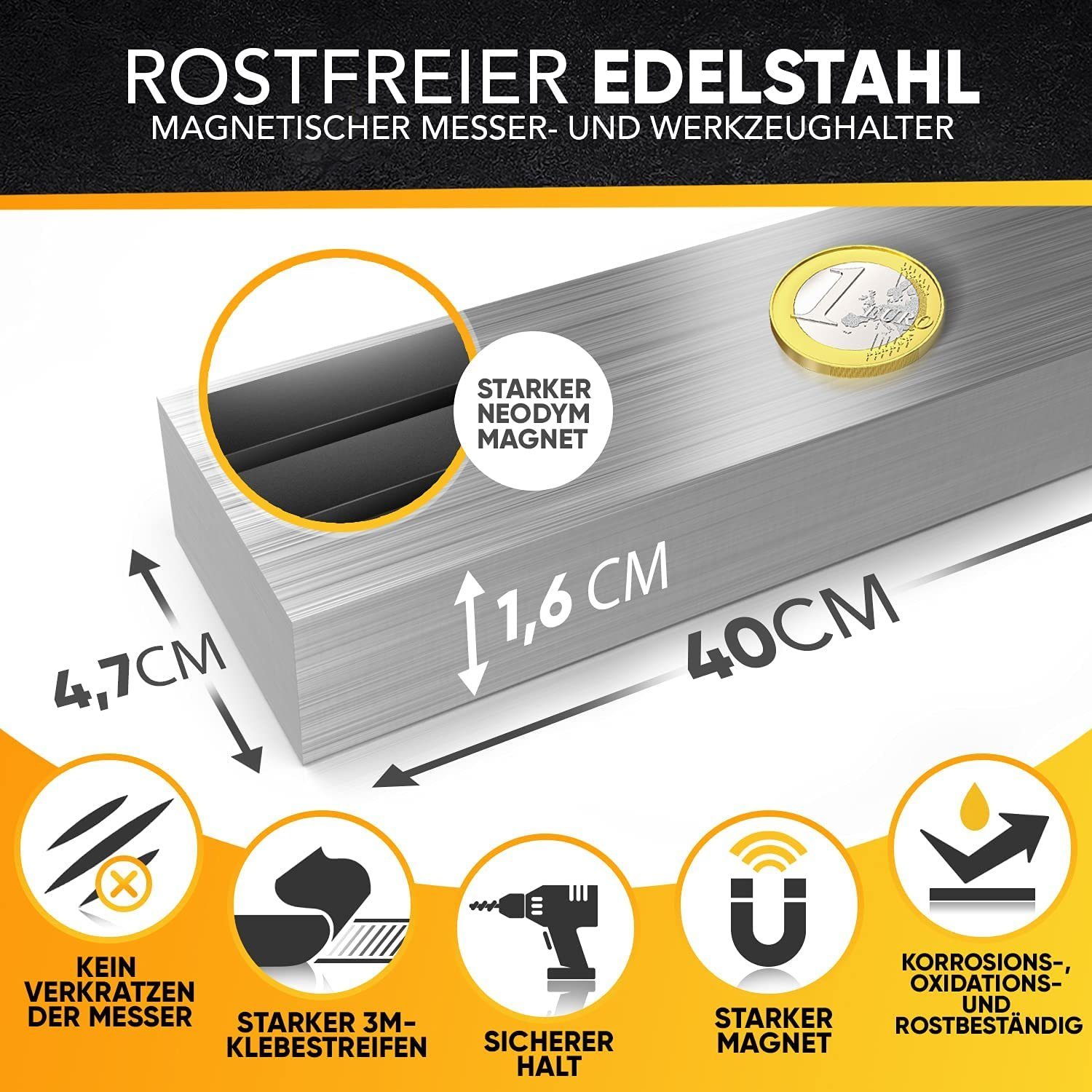 Loco Bird Wand-Magnet Messer-Leiste 40cm Edelstahl - selbstklebend mit 3M VHB Klebeband (1tlg), Magnetische Messerleiste für Küche / Werkzeug - Wandmontage, boh – Bild 3 von 5