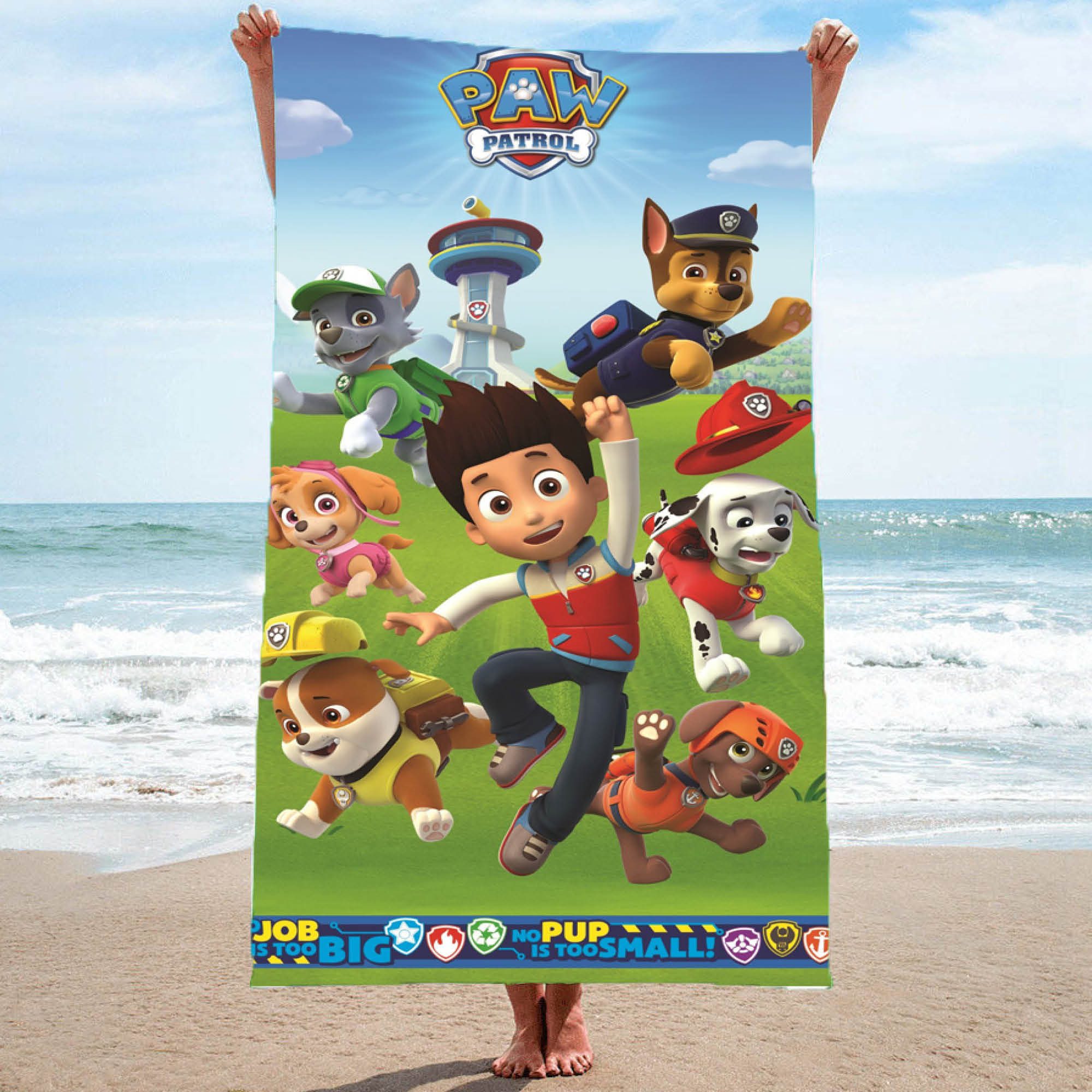 Familando Strandtücher Paw Patrol Badetuch XL 75x150 cm aus 100% Baumwolle, Handtuch, Frottee, mit allen wichtigen Charakteren und Emblem