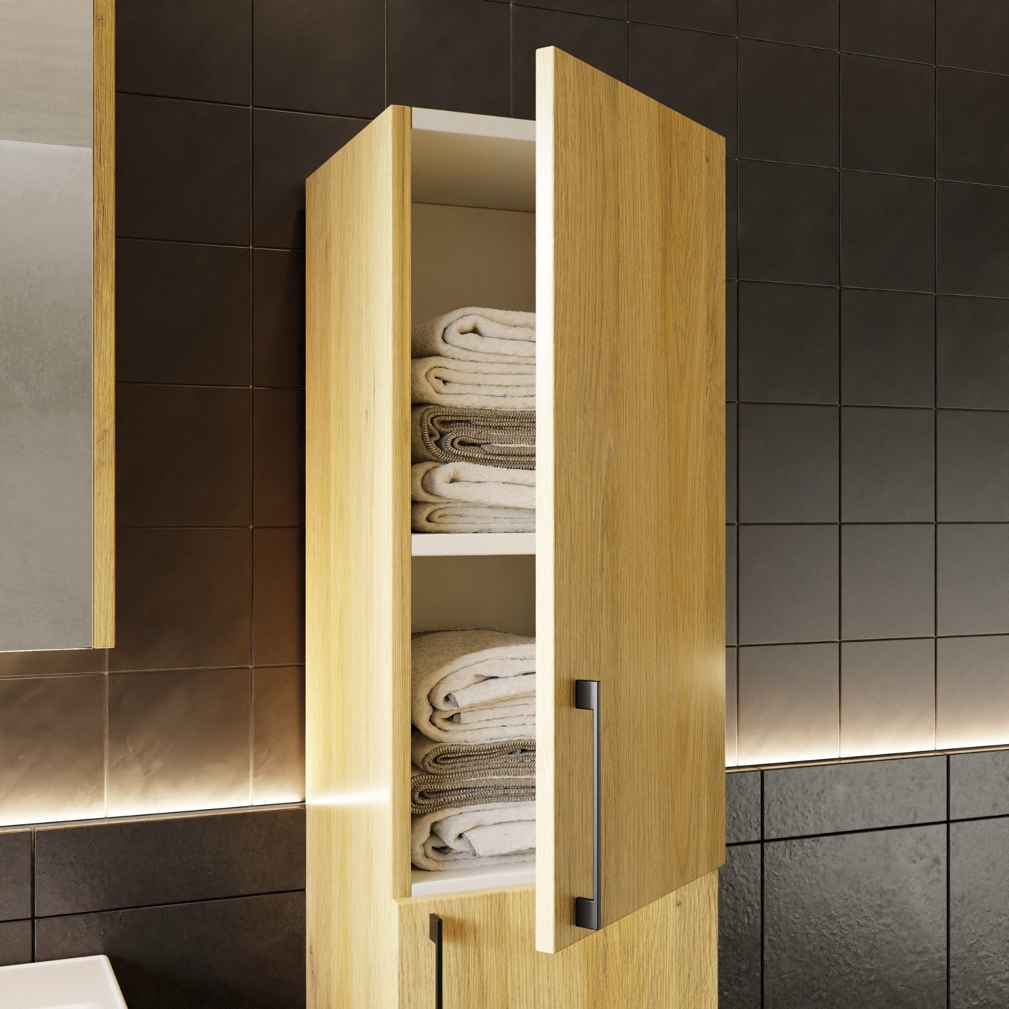 Karen Badmöbel-Set Hochschrank Verona, (Optionaler Hochschrank, 1-St., Hochschrank mit Türen & Regalen), Holzfurnier, Bügelgriffe, Natürliches Design, Softclose