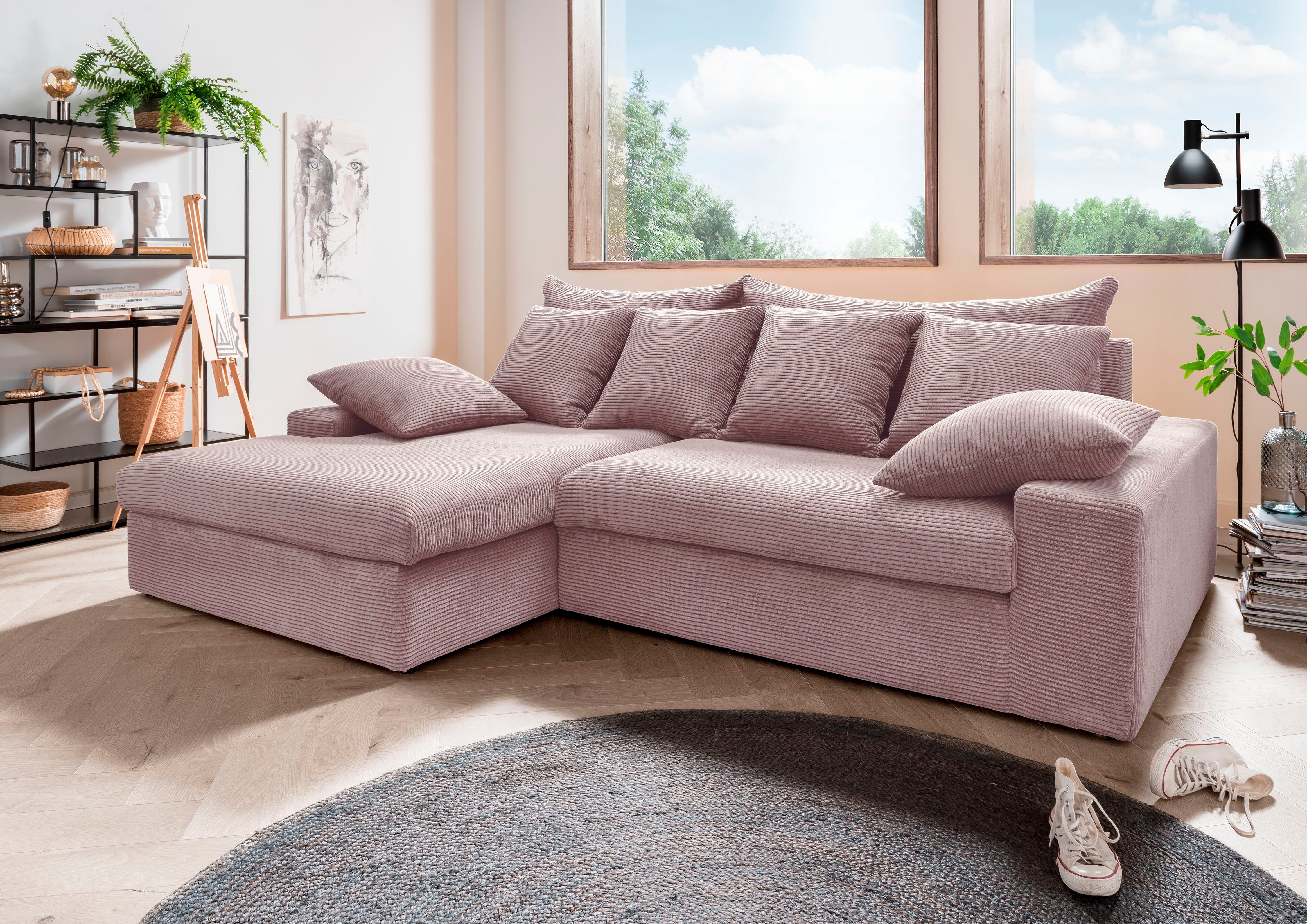 INOSIGN Ecksofa Avellino, Polsterecke im trendigen Cord, versch. Farben, mit Rücken-/ Zierkissen rosa