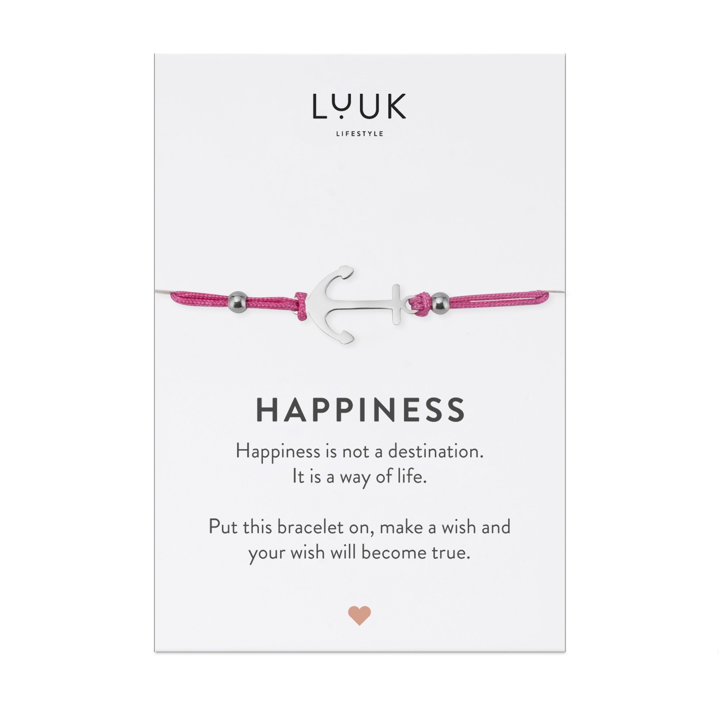 LUUK LIFESTYLE Anker, mit Silber Freundschaftsarmband Spruchkarte Happiness handmade