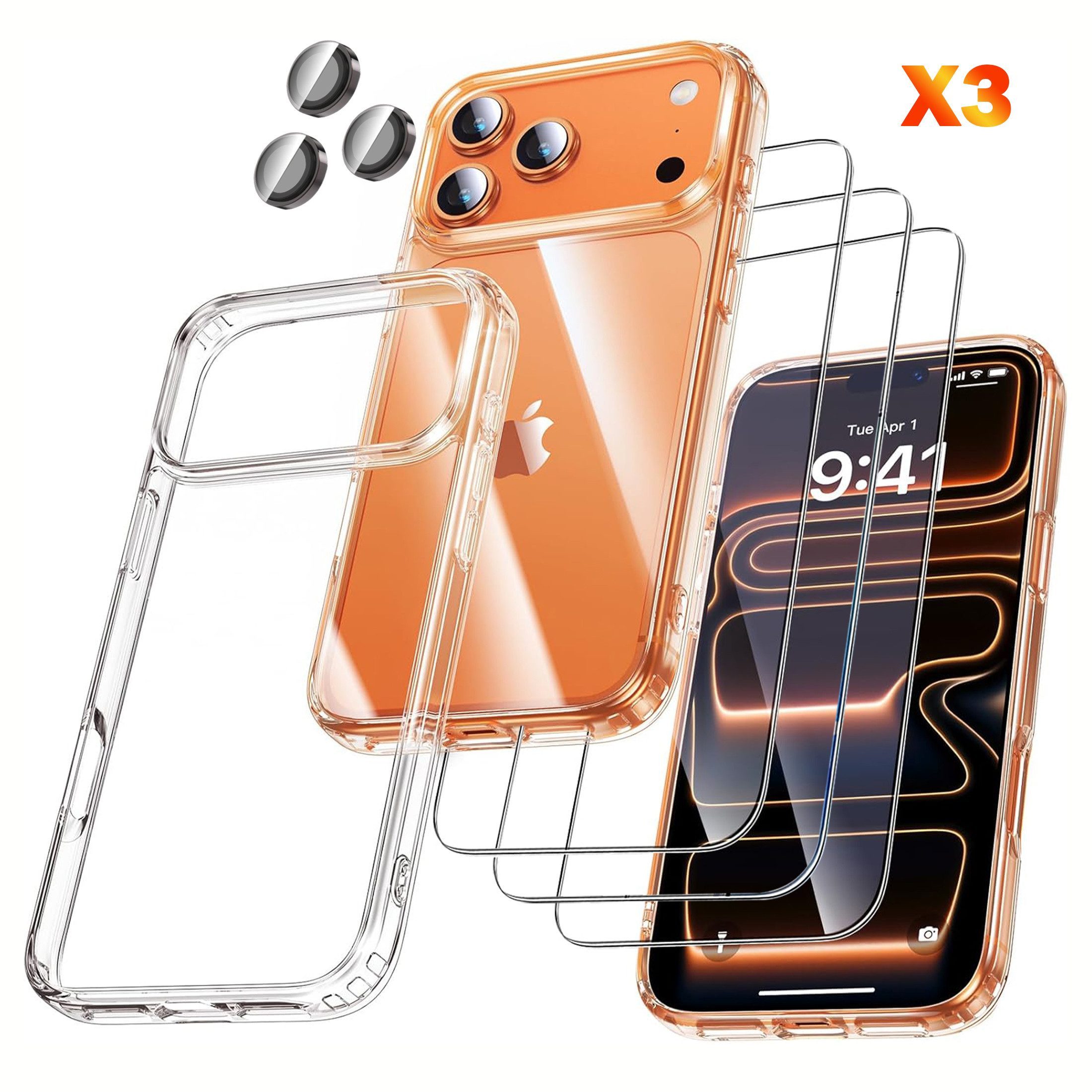 Fyrove Sichtschutzfolie 7-in-1 iPhone 17 Pro mit einem hochwertigen Komplettset bestehend, (aus 3× 9H gehärteten Displayschutzfolien, 3× Kamera-Schutzgläsern und einer transparenten TPU-Schutzhülle. Ein Kauf genügt, um Ihr Smartphone umfassend vor Kratzern, Stößen, Fingerabdrücken und täglichen Gebrauchsspuren zu schützen., iPhone 17 Pro Hülle mit Panzerglas)